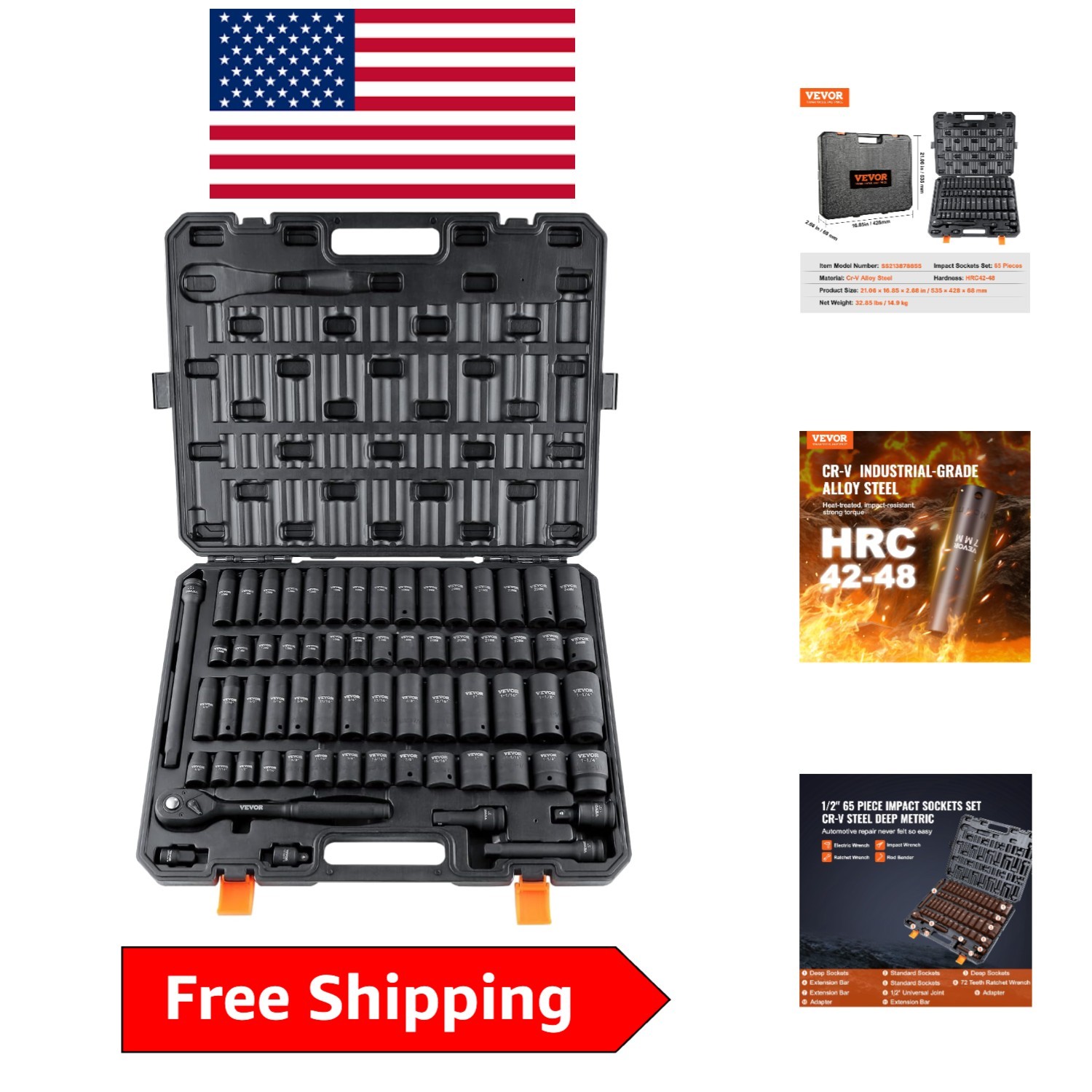 High-Torque 1/2″ Drive Impact Socket Set – 65 Pieces with Easy-to-Read Markings