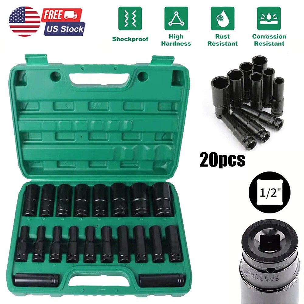 Impact Sockets Set 1/2Inch Drive 20 PCS Metric 8mm-32mm Deep 6-Point Set w/case