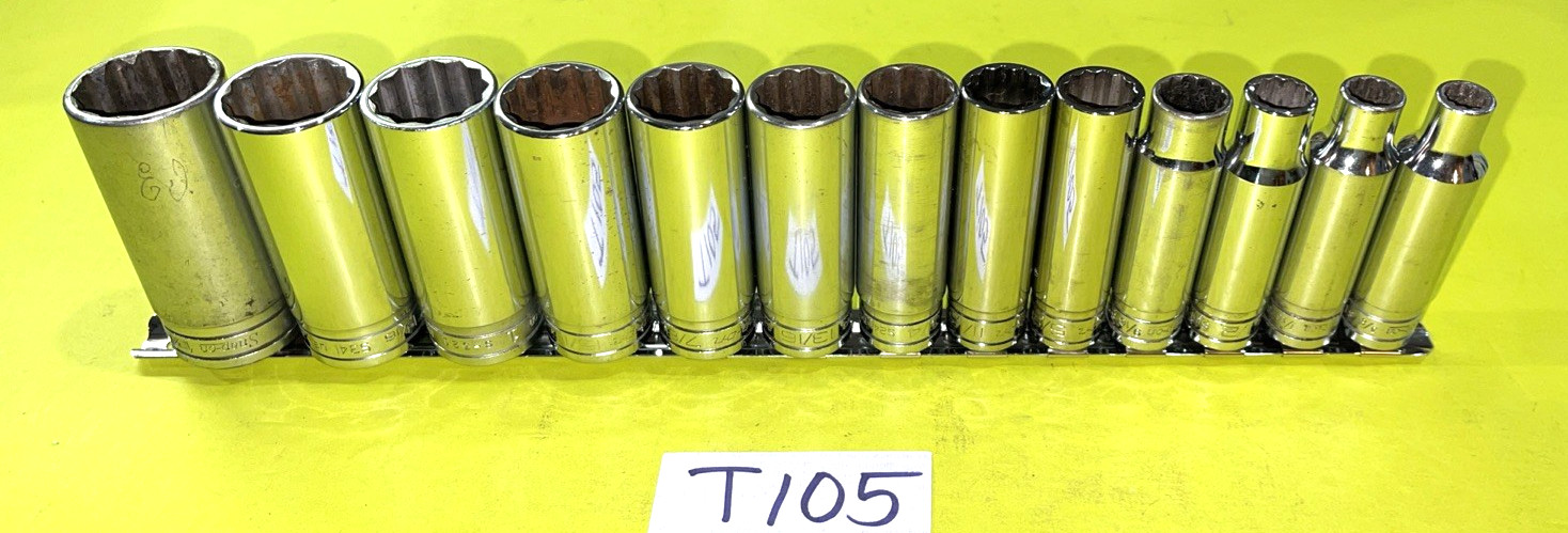 SNAP-ON TOOLS 13 PIECE 1/2 DR. SAE. DEEP CHROME SOCKET SET 12 POINT 3/8 TO 1-1/8