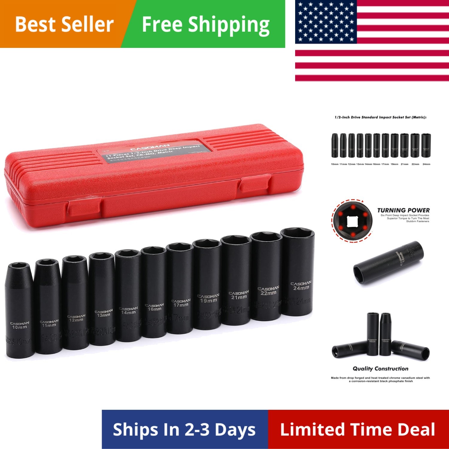 11 Pieces 1/2-Inch Drive Deep Impact Socket Set, 6-Point, Metric, 10mm to 24mm