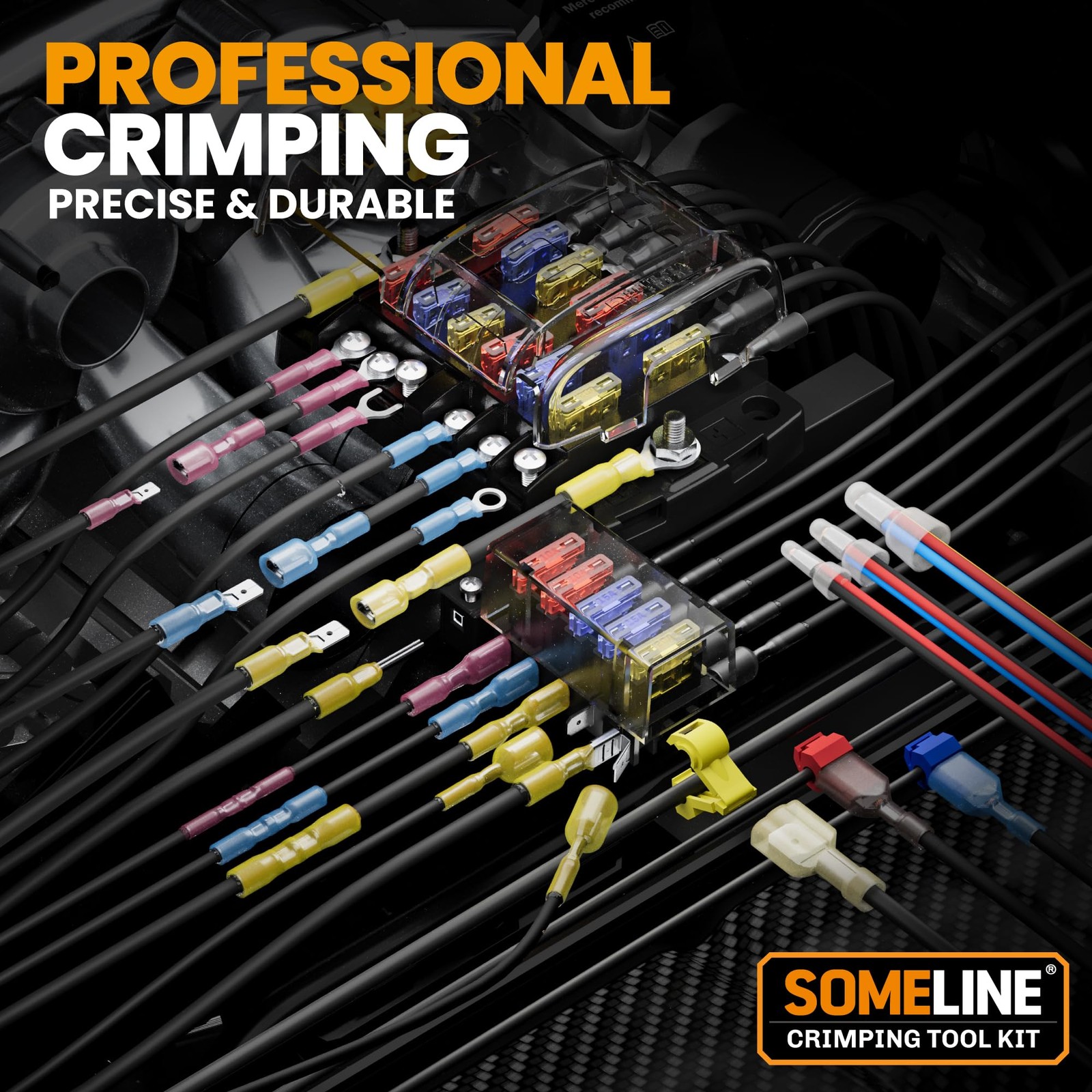 Crimping Tools Kit Heat Shrink Connectors AWG 22-10 Marine Box Red Blue Yellow