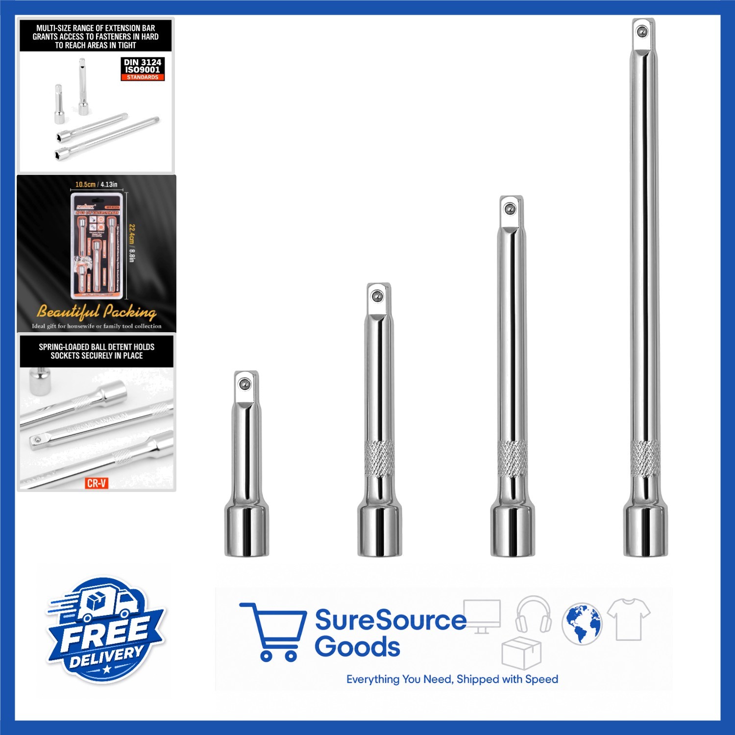 1/4″ Drive Socket Extension Bar Set 4PCS 2″ 3″ 4″ 6″ for Hard-to- Fasteners
