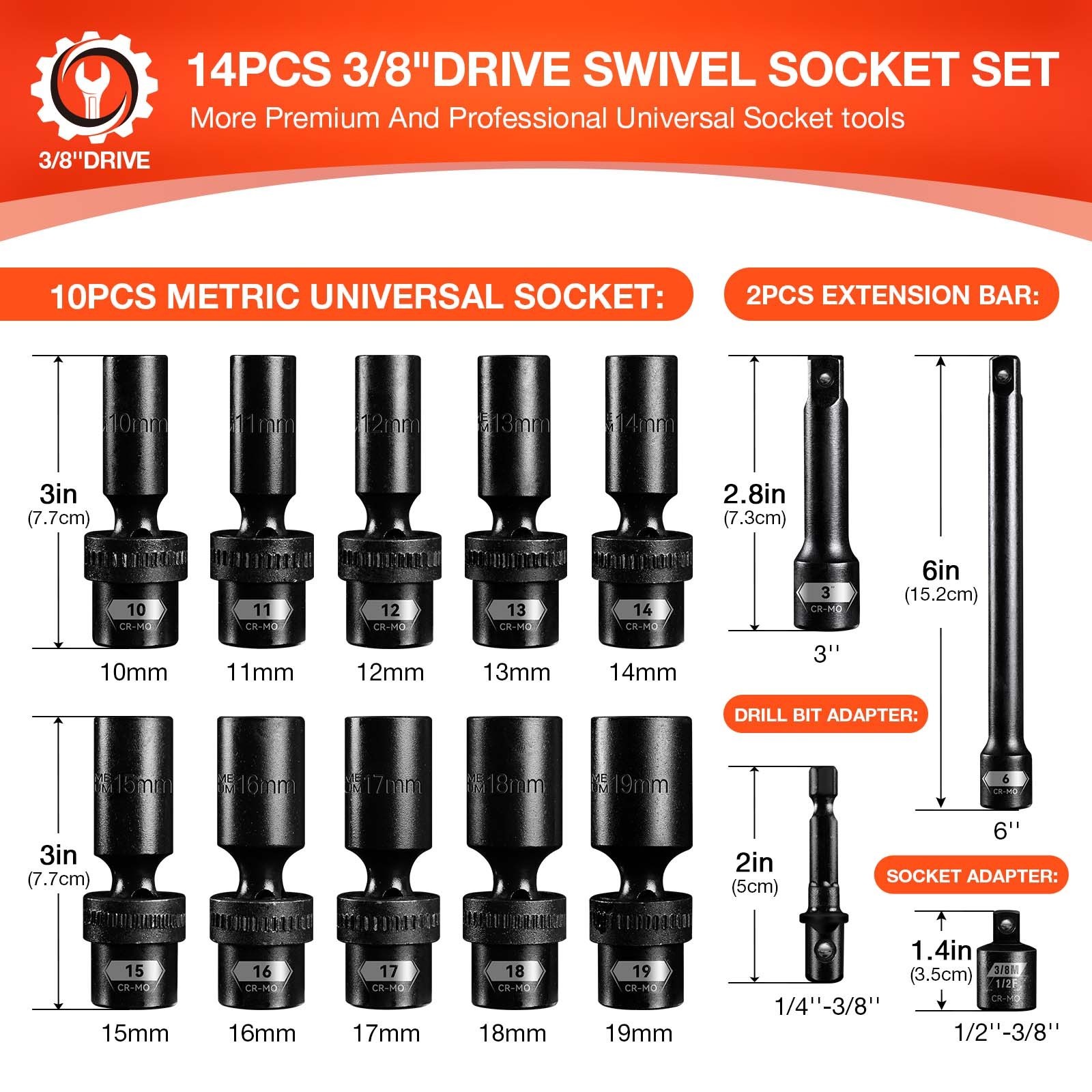 3/8″ Drive Swivel Socket Set, 14-Pcs Metric Size (10-19mm) , Deep Socket Set