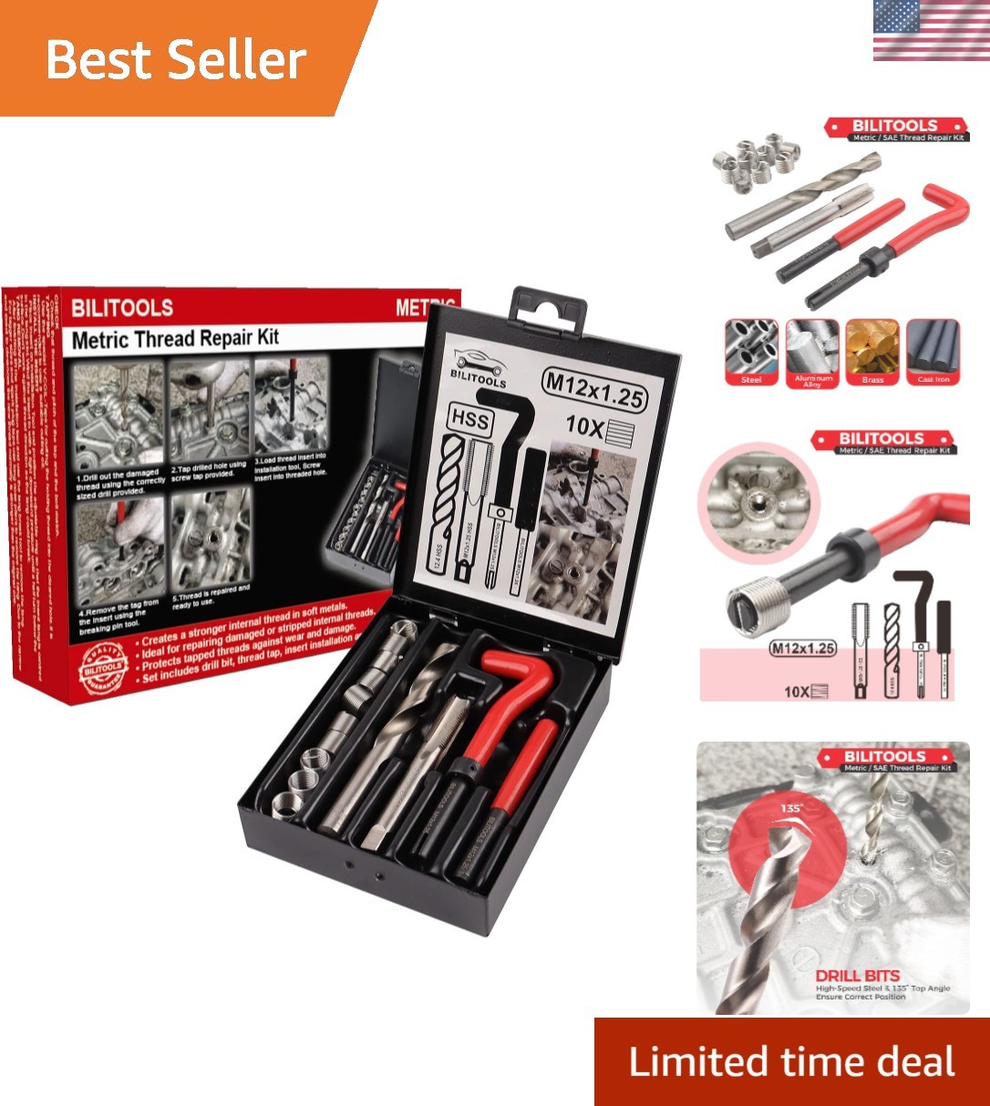 M12x1.25 Metric Thread Repair Kit with HSS Drill and Stainless Inserts – Durable