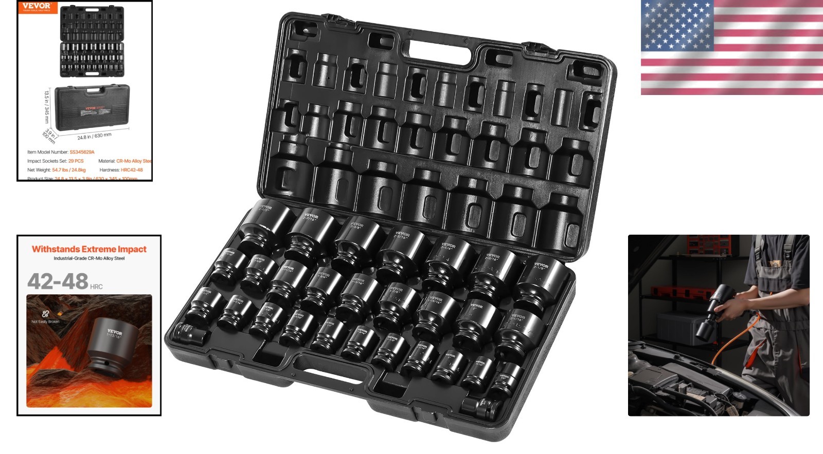 Impact Socket Set 3/4 Inch Alloy Steel 29 Piece Heavy Duty Automotive Tools