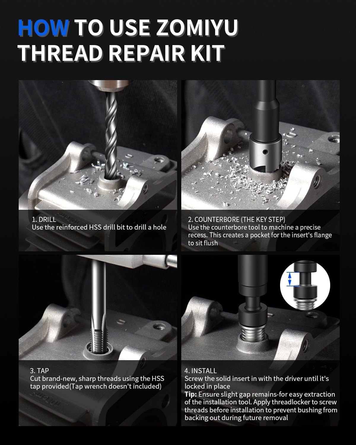 ZOMIYU M11x1.25 Metric Thread Repair Kit, with HSS Drill, M11 X 1.25, Black