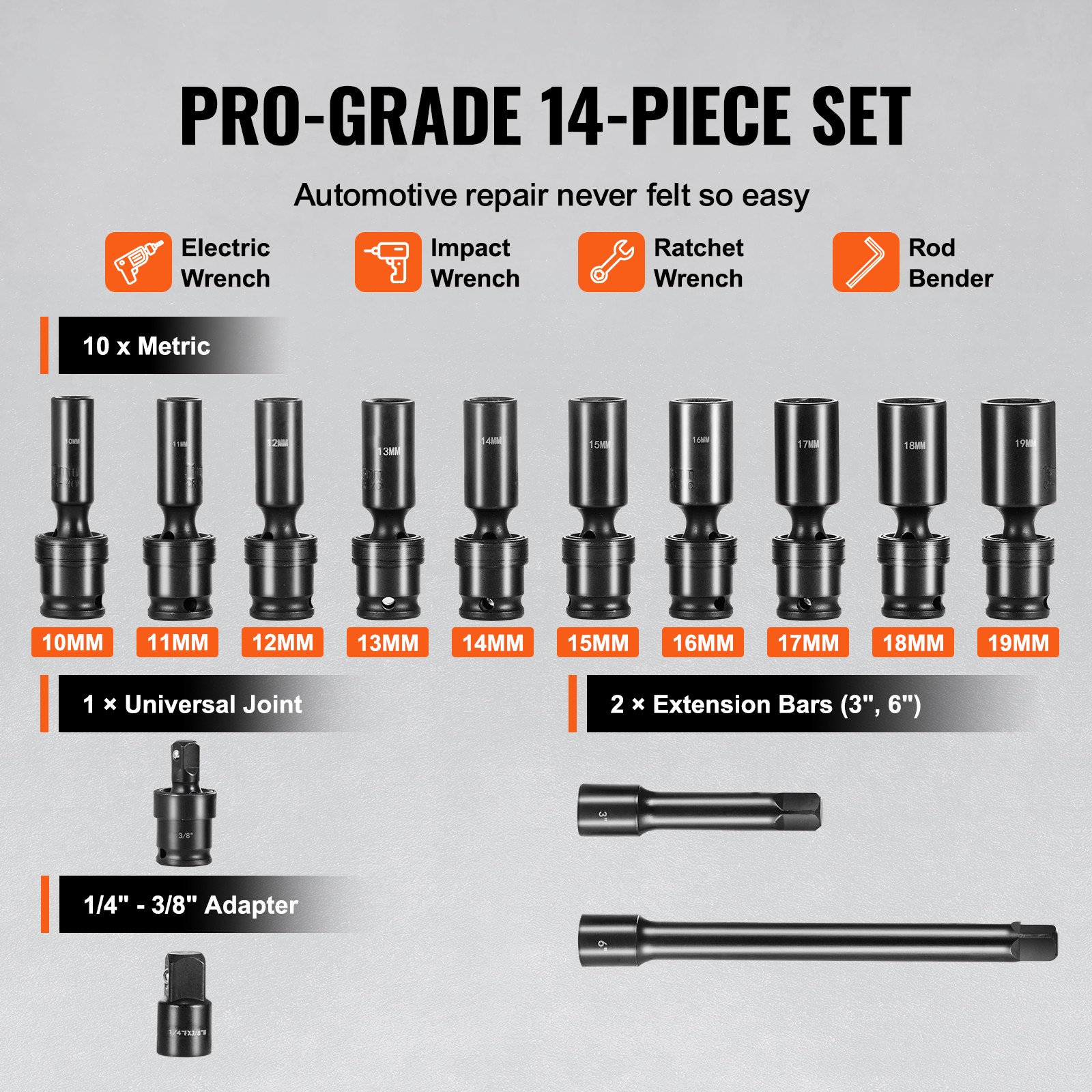 360 Degree Swivel Impact Sockets Set 14pcs 6-Point 3/8in Drive Socket Set