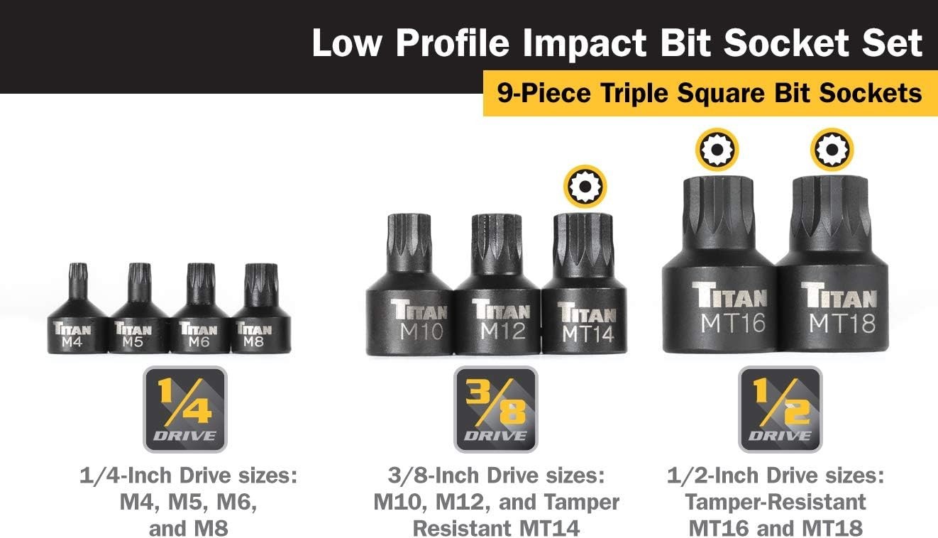 Titan Tools 16138 Impact Triple Square Bit Socket Set – 9 Piece