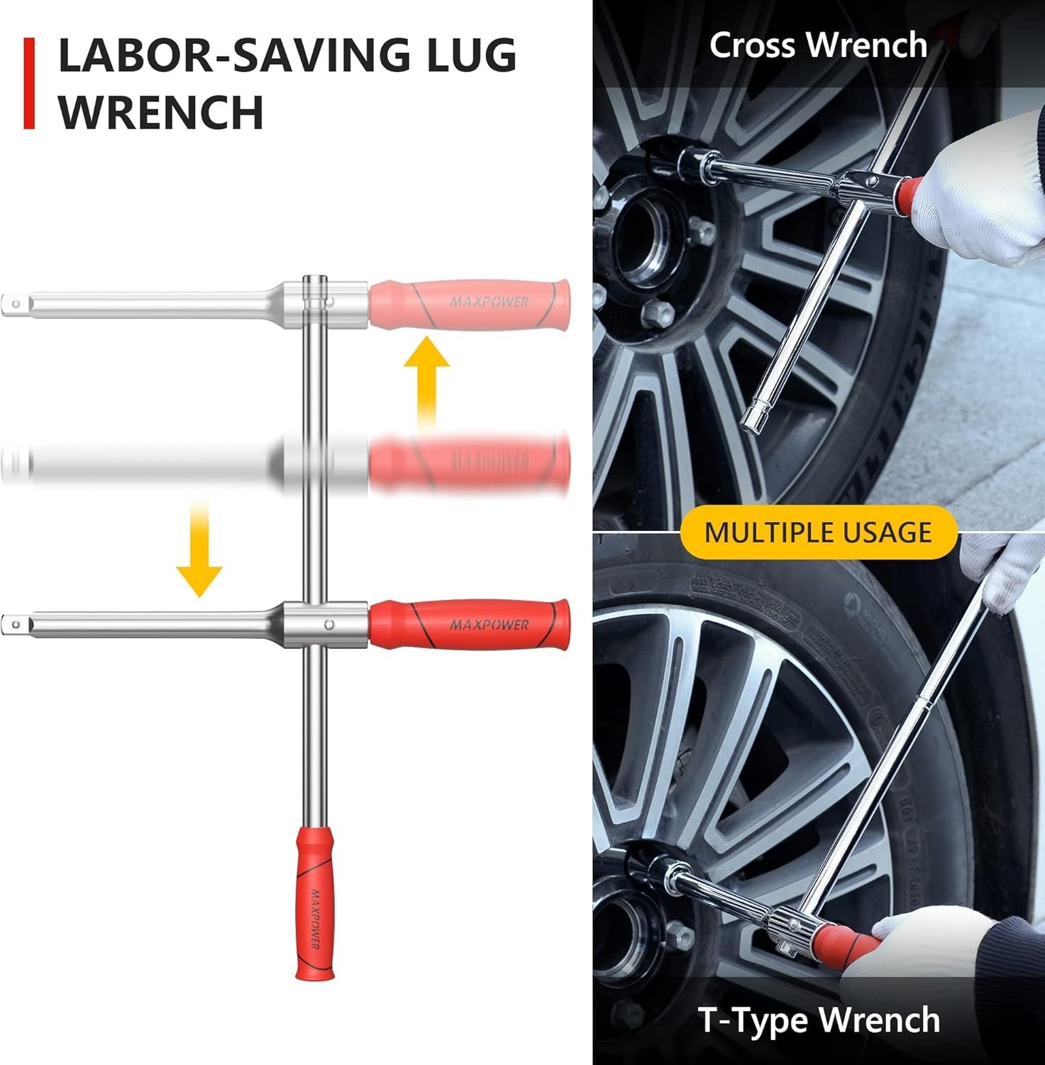MAXPOWER Lug Wrench 1/2″ Drive with 2 Sockets (17/19, 21/23mm) + Box