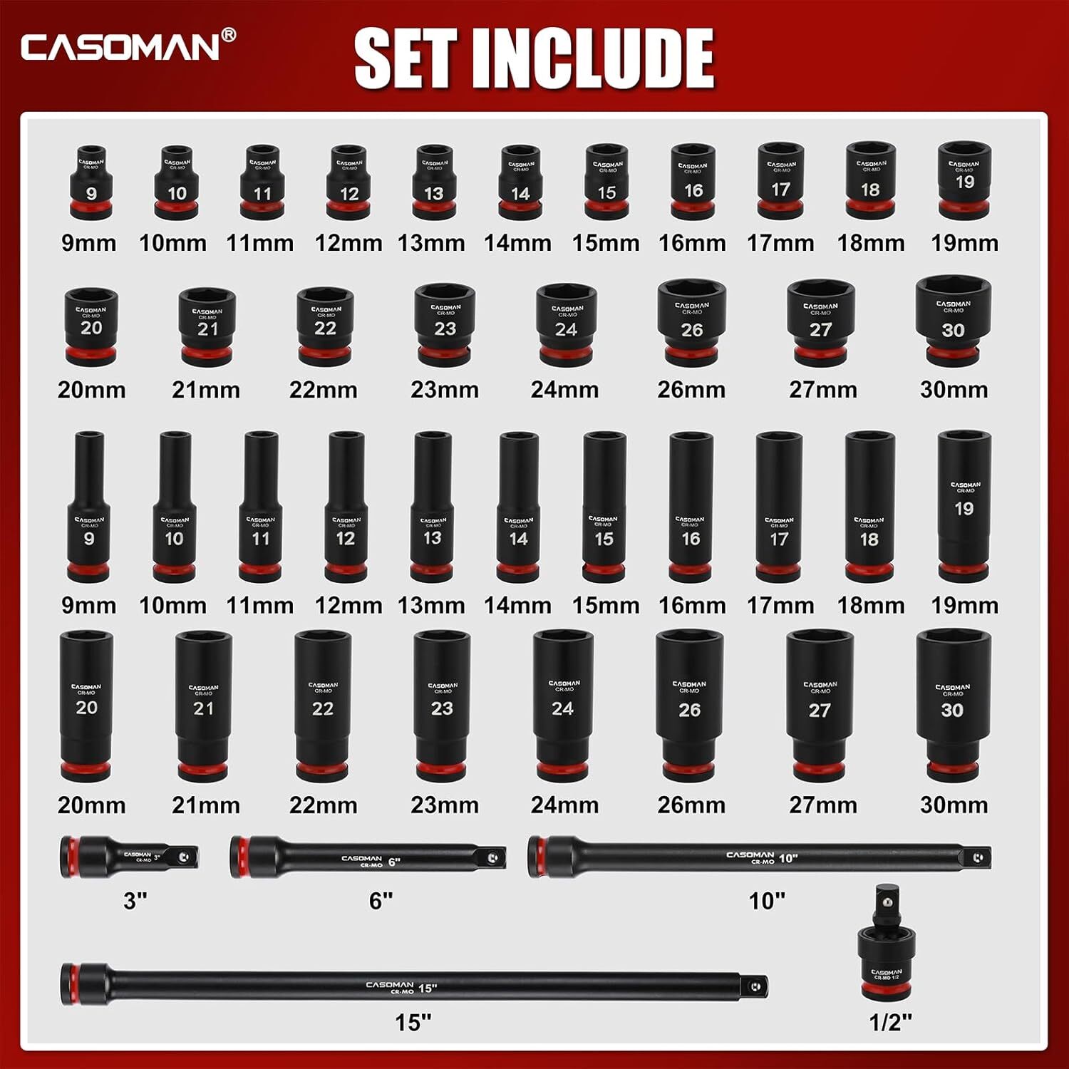 43 PCS 1/2″ Drive Master Impact Socket Set Deep 6-Point Metric 9mm – 30mm CR-MO