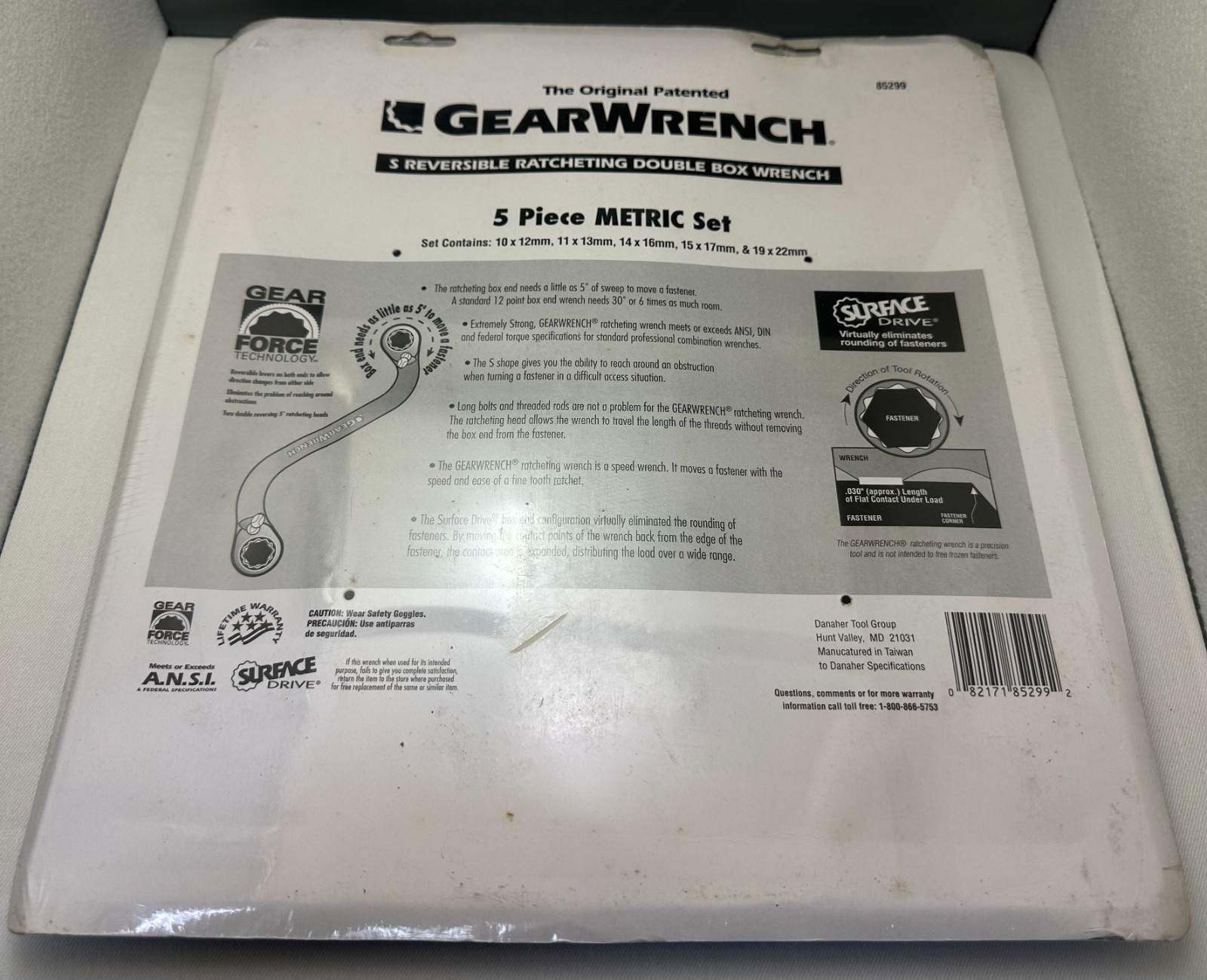 New GearWrench 85299 S-Shape Metric Reversible Double Box Ratchet 5pc 10-22mm