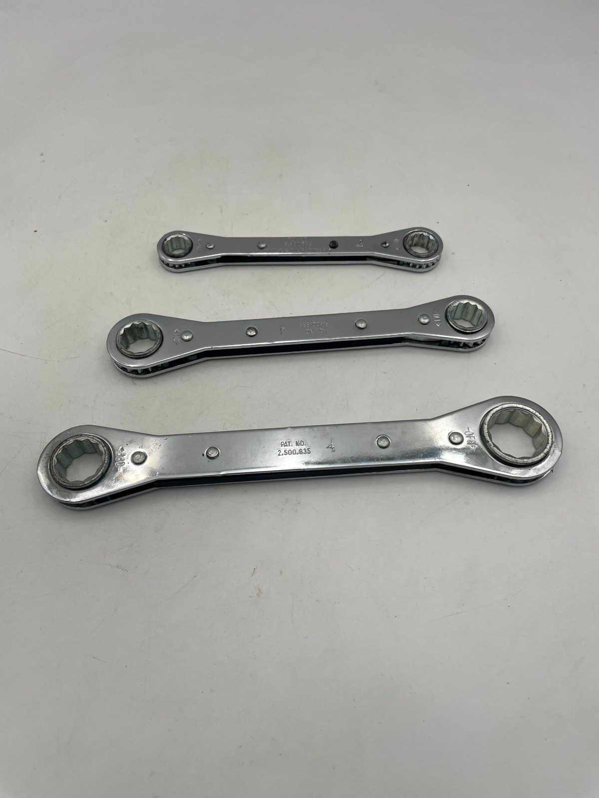 Vintage Set of 3 Proto Tools 2,500,835 Ratchet Wrench Silver Polished Chrome