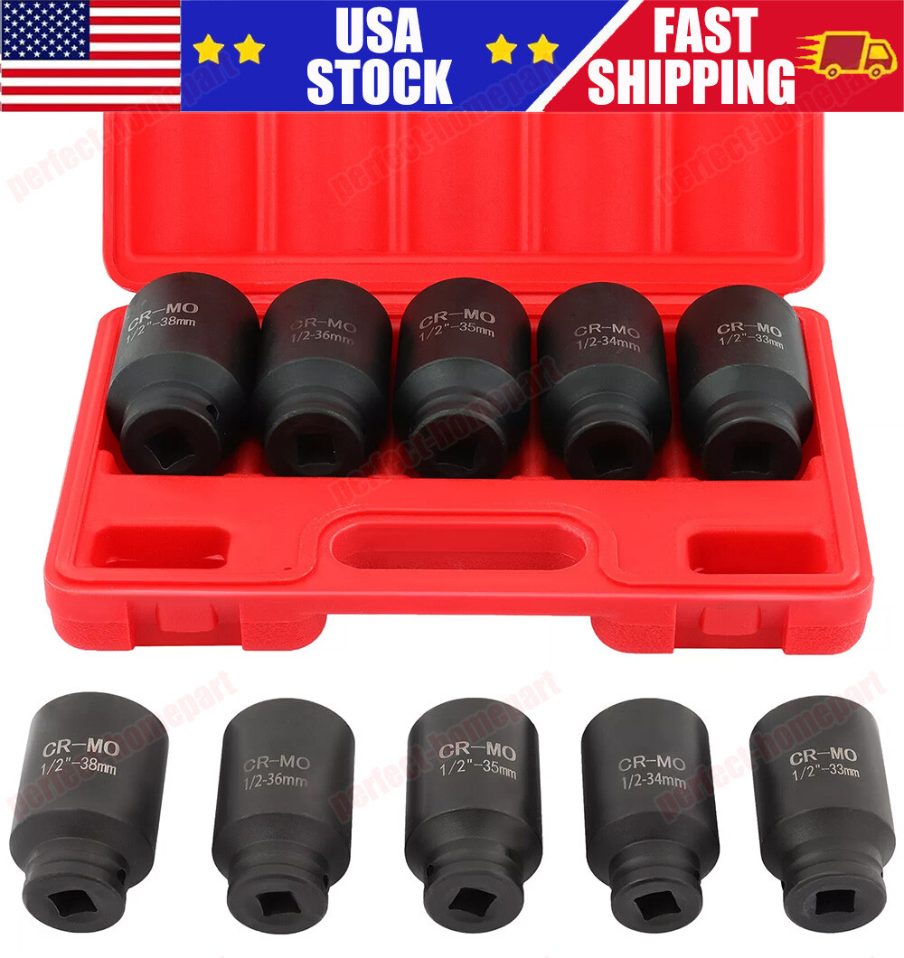 5Pcs 1/2″ Drive Deep Impact Axle Hub Socket Set 6 Point 33mm 34mm 35mm 36mm 38mm
