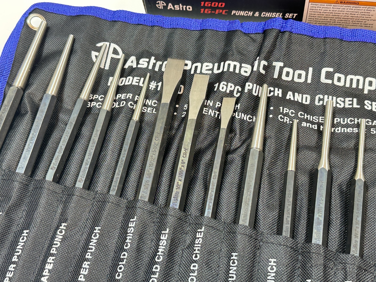 NEW Astro Pneumatic 1600 16pc Chisel and Punch Set w/ Gauge in Kit Bag