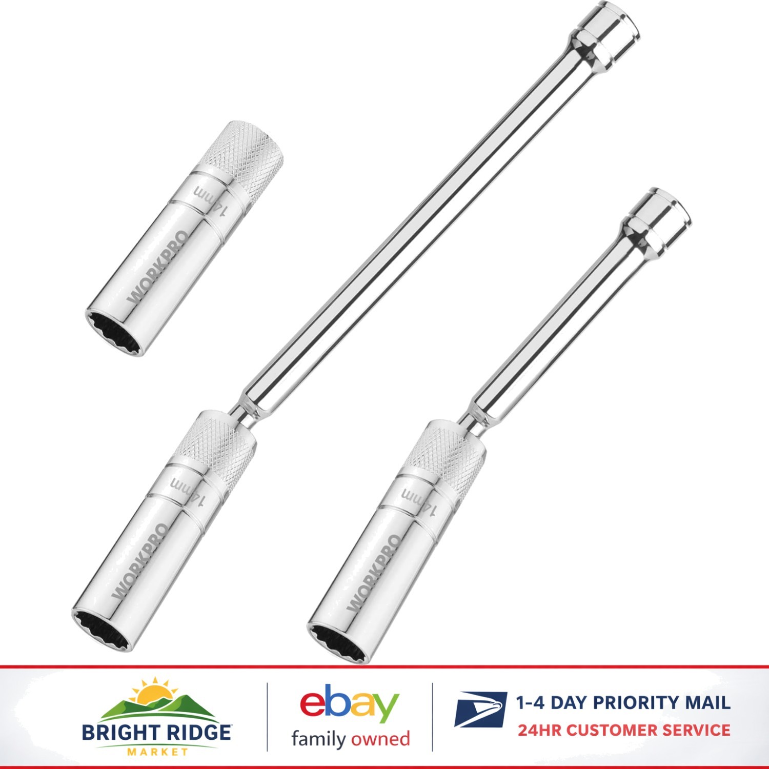 3PC 14mm Spark Plug Socket Set with Magnetic Swivel and 6-10 Inch Extensions