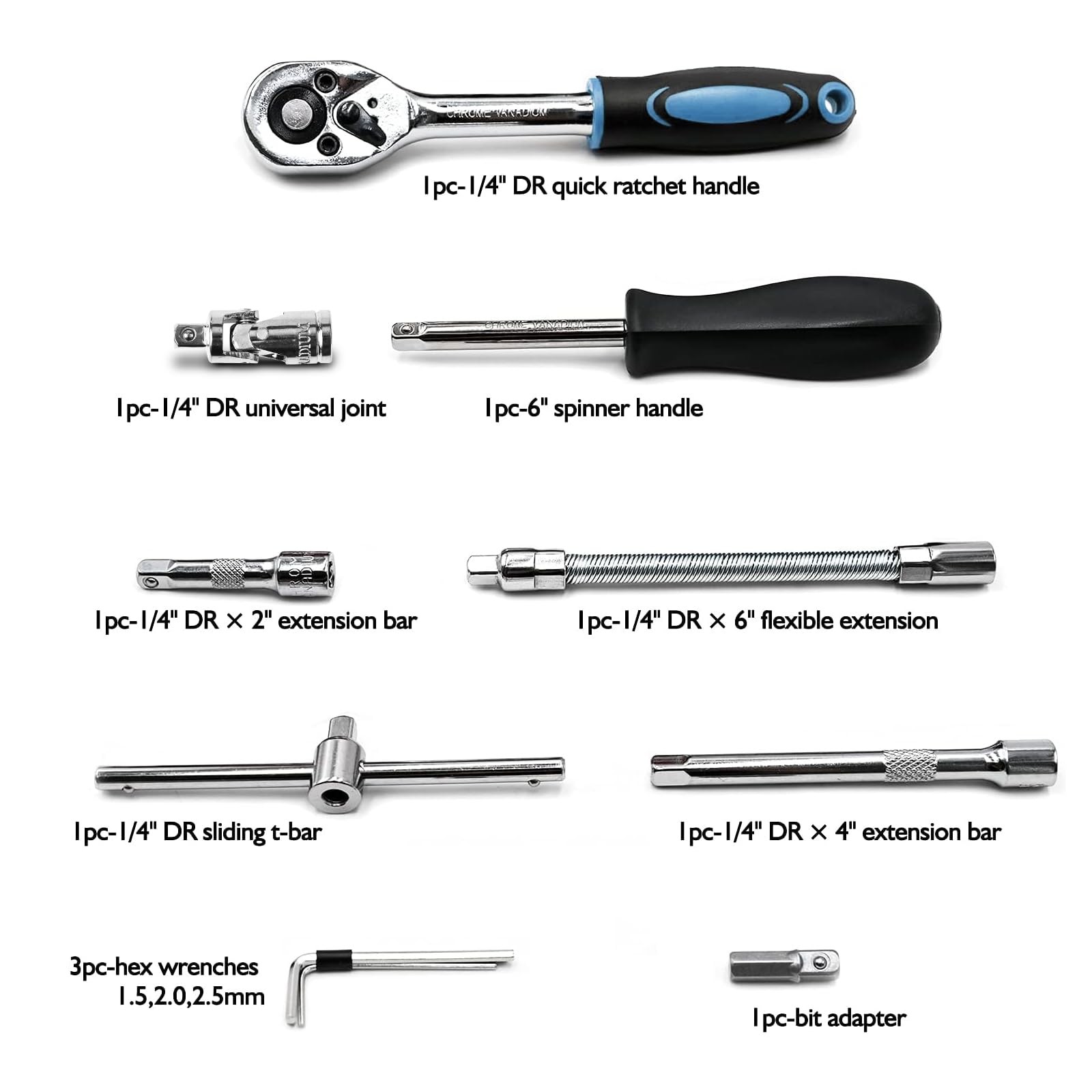 Egofine 46Pc 1/4″ Drive Socket & Ratchet Set Bit SAE Metric Blue Tool Kit