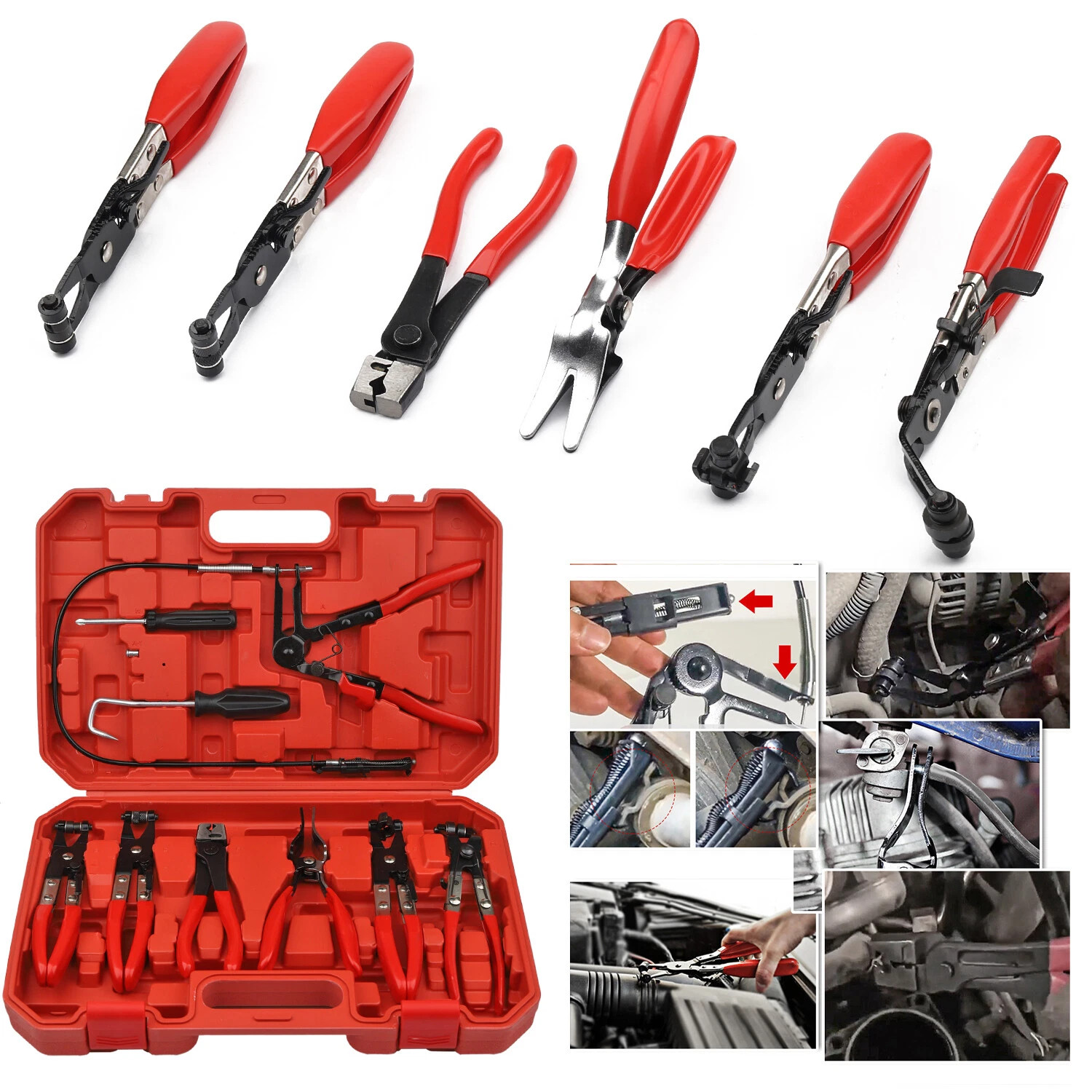 9Pcs Hose Clamp Clip Remover Pliers Wire Long Reach Kit Fuel Oil Water Hose Tool