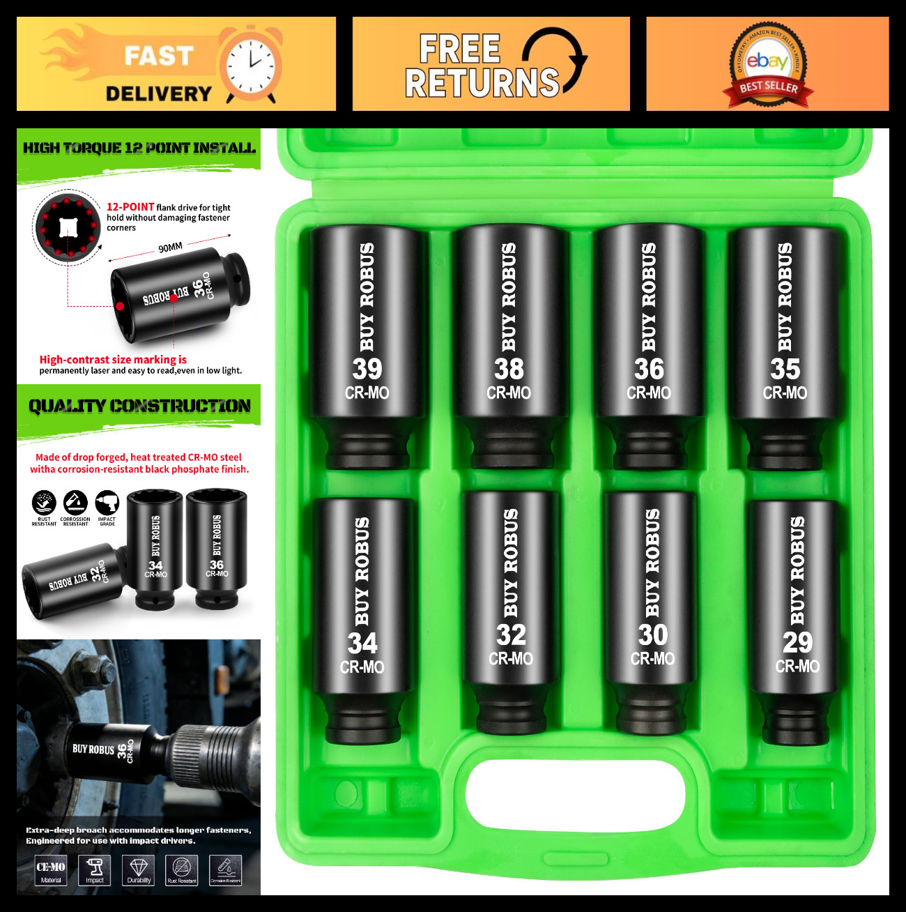 8-Piece 1/2″ Drive Deep Metric Axle Nut Impact Socket Set with Case – 29mm to 39