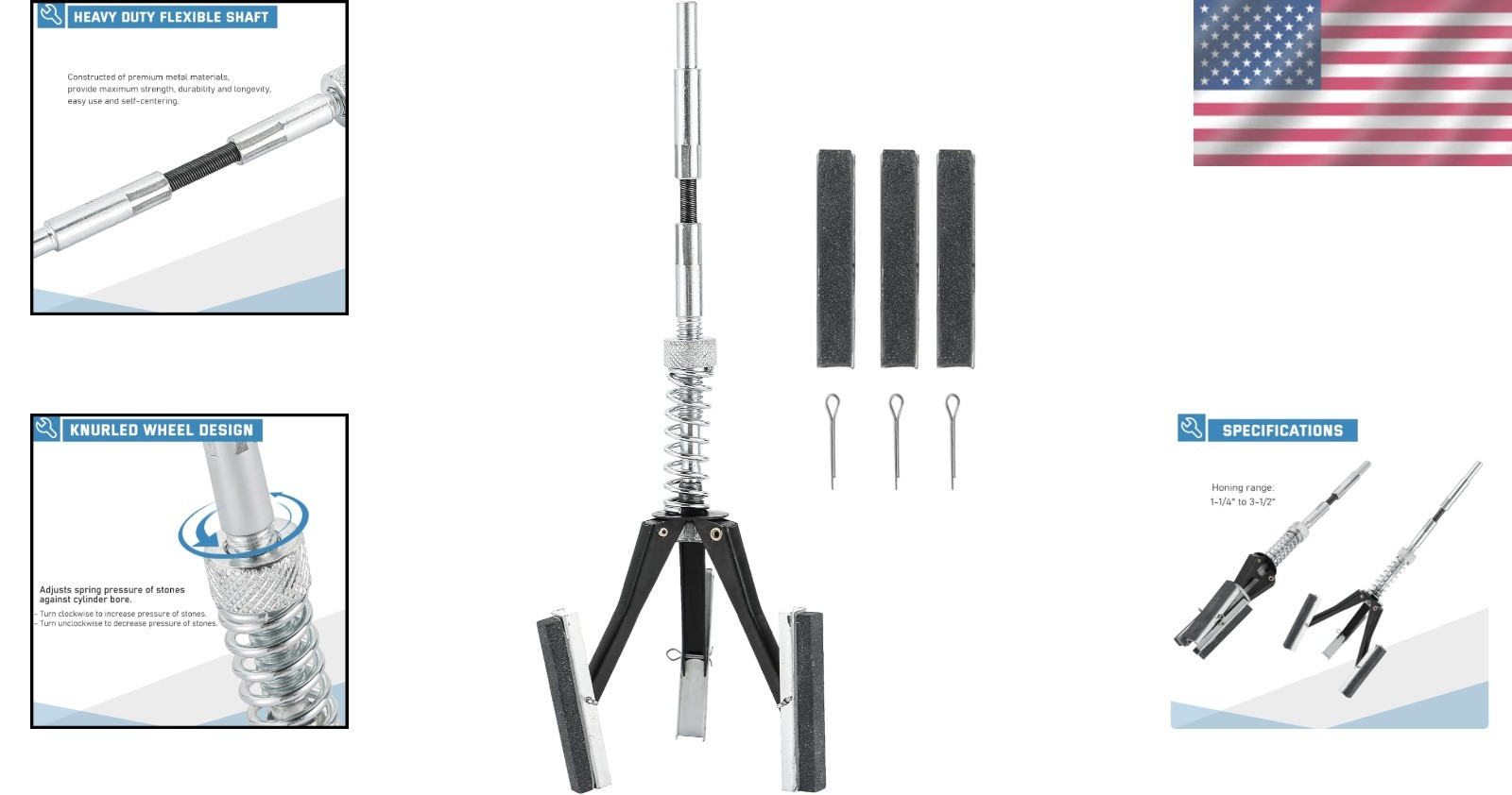 Engine Cylinder Hone Tool with 3 Stones – Grind from 1-1/4″ to 3-1/2″ Dia.