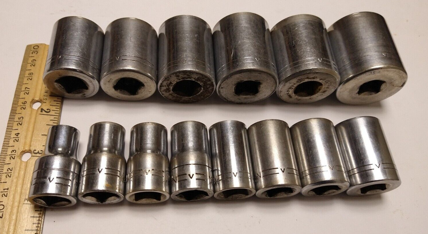 Craftsman Vintage 14 Pc Socket Set 1/2″ Dr 12 Pt Shallow 7/16″ to 1 1/4″ V USA