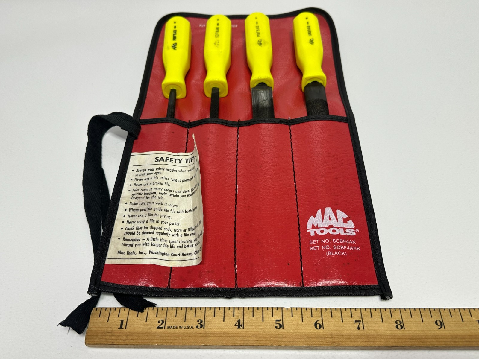 🇺🇸 MAC Tools USA 4pc File Set, 12” Long, Hi-Viz Hard Handle, SCBF4AK, Kit Bag