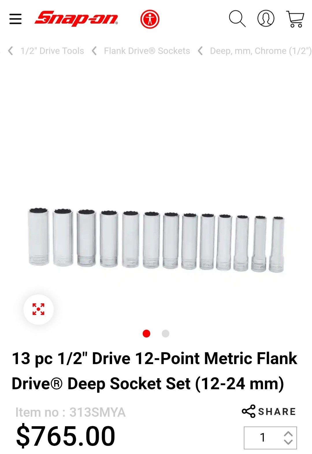13 pc 1/2″ Drive 12-Point Metric Flank Drive® Deep Socket Set (12-24 mm) 313SMY