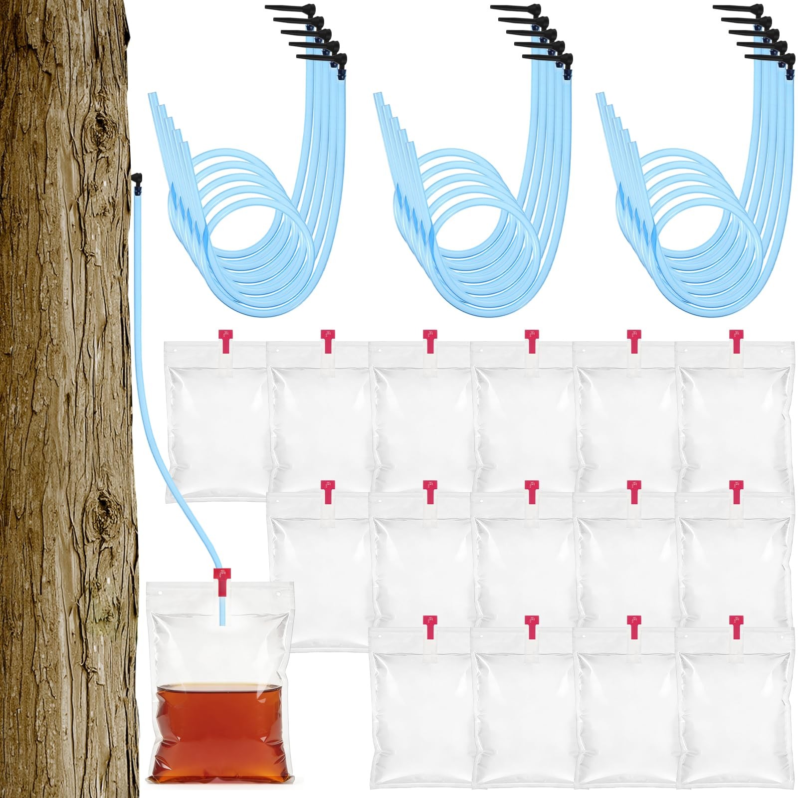 15 Sets Maple Syrup Tree Tapping Kit with Large 8L Collection Bags, 35″ Tubin…