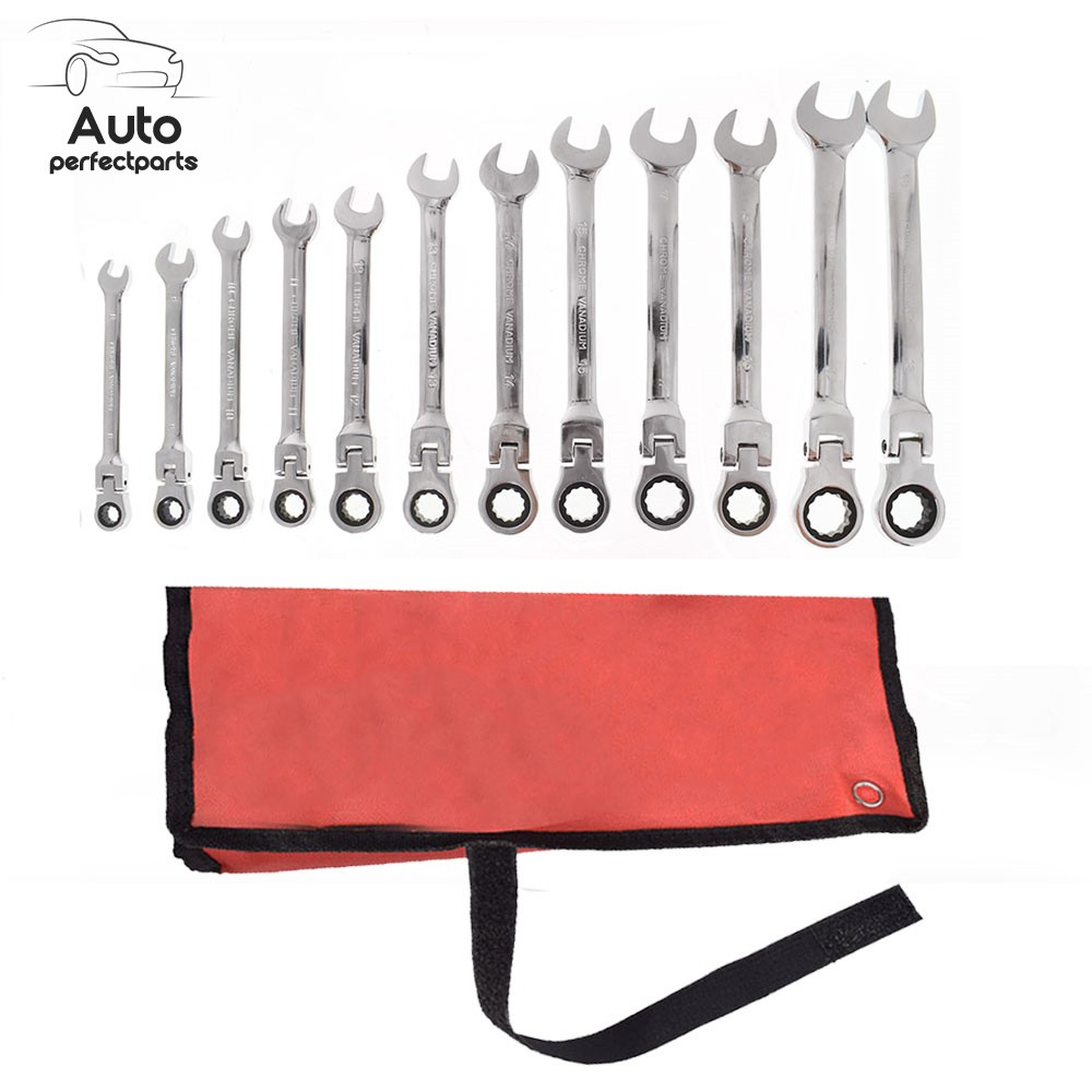 12PCS Flexible Head Ratcheting Spanner Auto Wrench 8-19mm Combination Tools Kit
