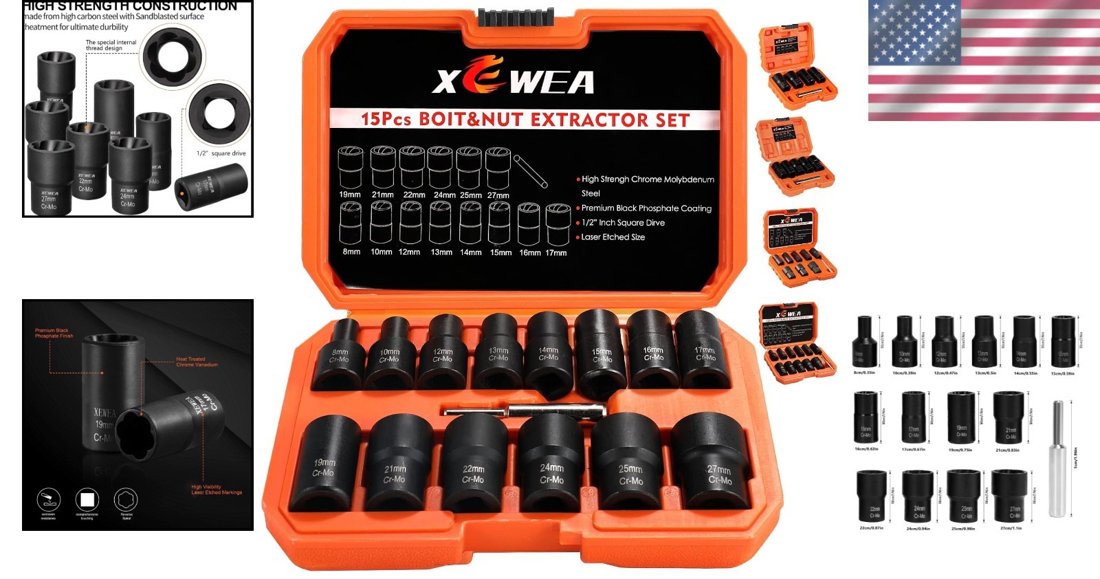 Striped Lug Nut Removal Set – 15PCS Bolt Extractor Kit