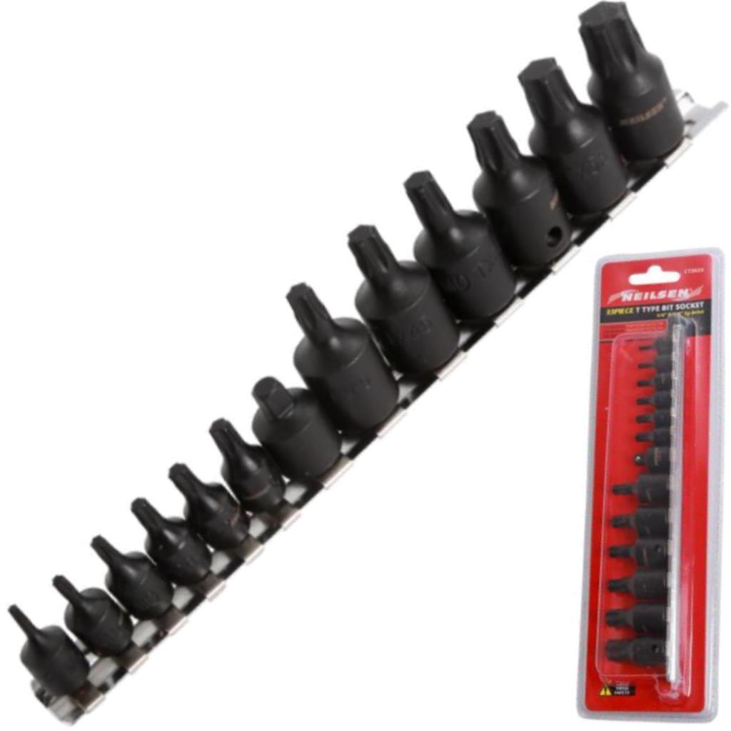 Neilsen 13pc Male T Type Bit Star Socket Set T8 – T60 1/4″ 3/8″ Torx Drive