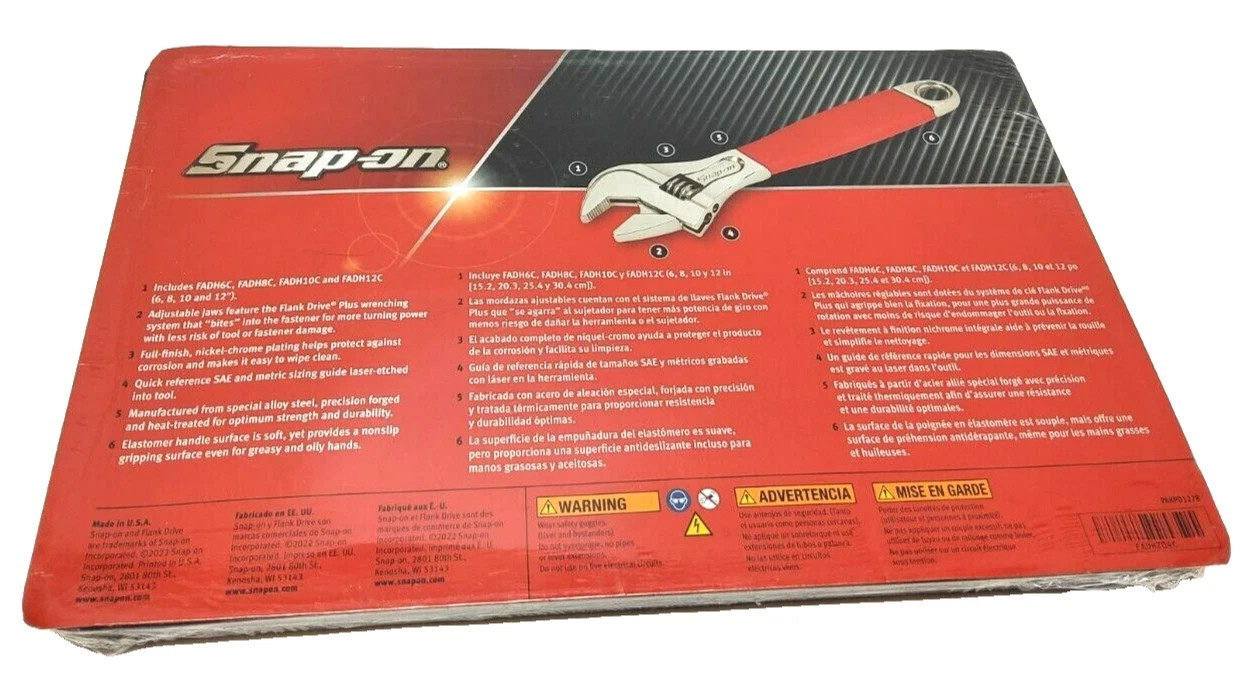 Snap-on 6″ 8″ 10 12″ Red Flank Drive Plus Adjustable Wrench Set FADH704C NEW USA