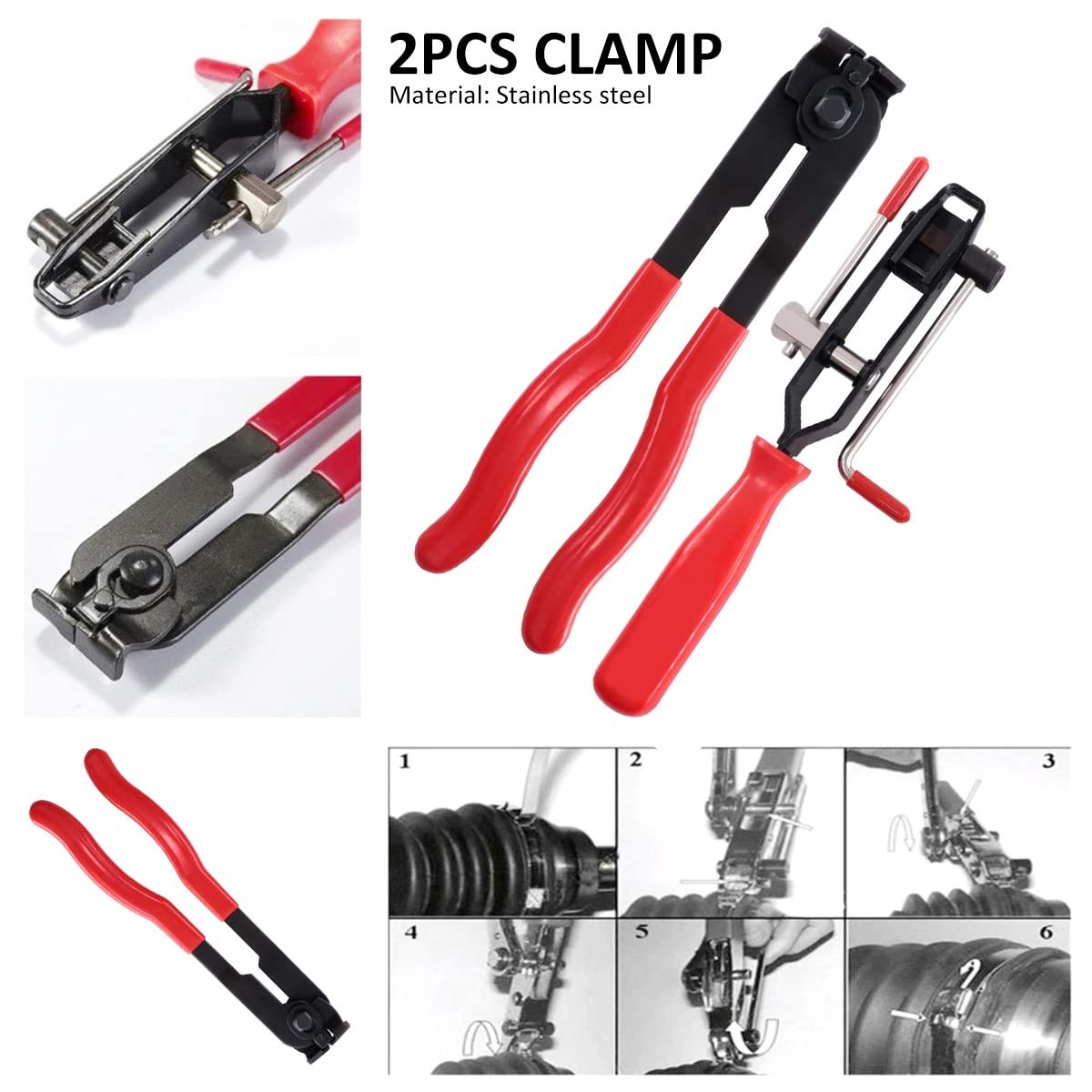 10pcs CV Boot Clamps Pliers Kit, Ear Tie Black, Red, Silver