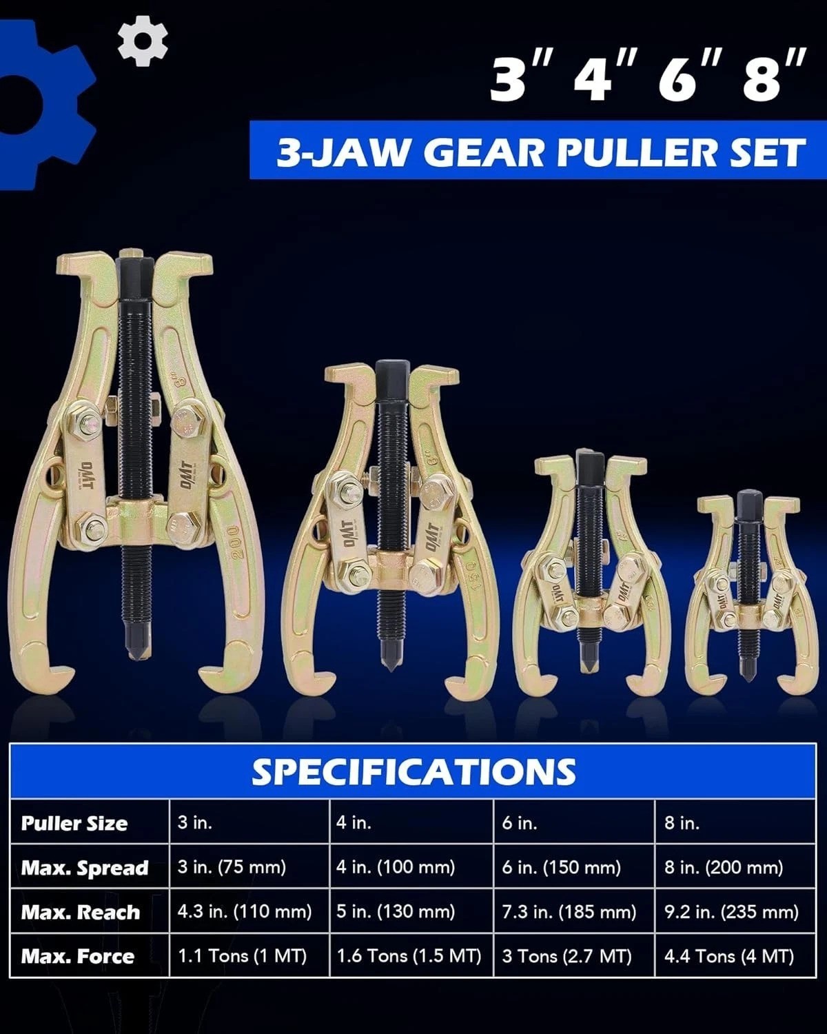 Heavy Duty Alloy Steel Gear Puller Set, 4 Pcs, Gold, 3-8 In