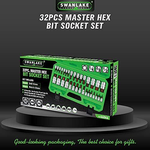SWANLAKE 32 Piece Hex Bit Socket Set,SAE and Metric, 1/4», 3/8′, 1/2» Drive