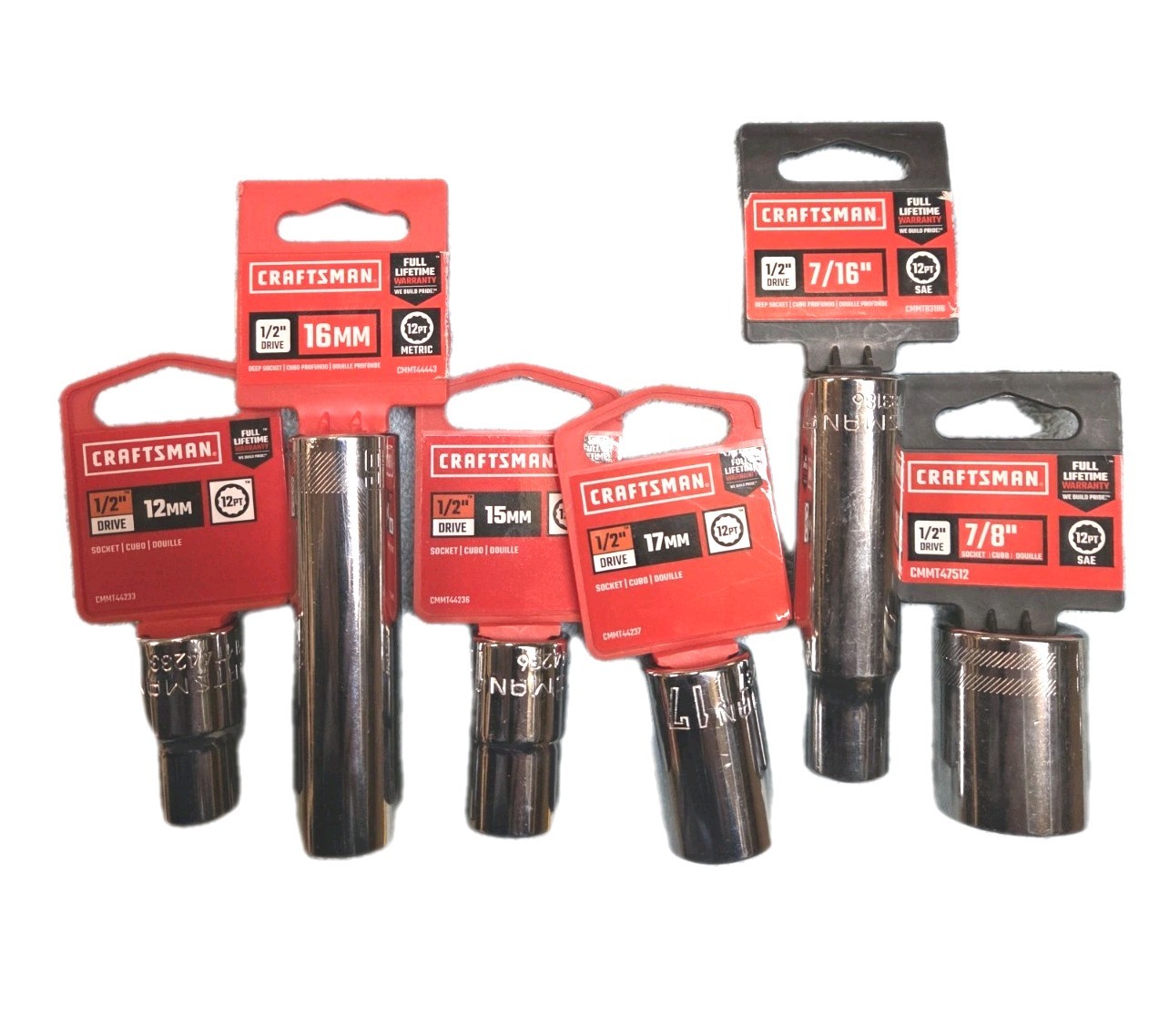 Craftsman 1/2 Drive Chrome Socket Lot 6 Pc Metric 12-17mm SAE 7/8 7/16 12pt New