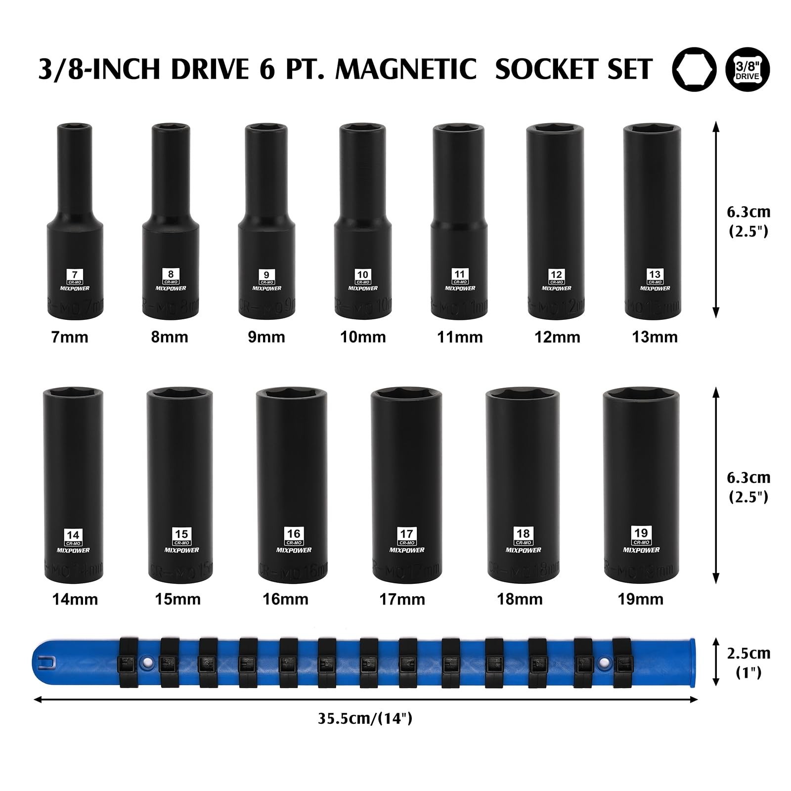 13-Piece 3/8″ Drive Deep Magnetic Impact Socket Set, 6 Point, 7-19mm, Metric, CR