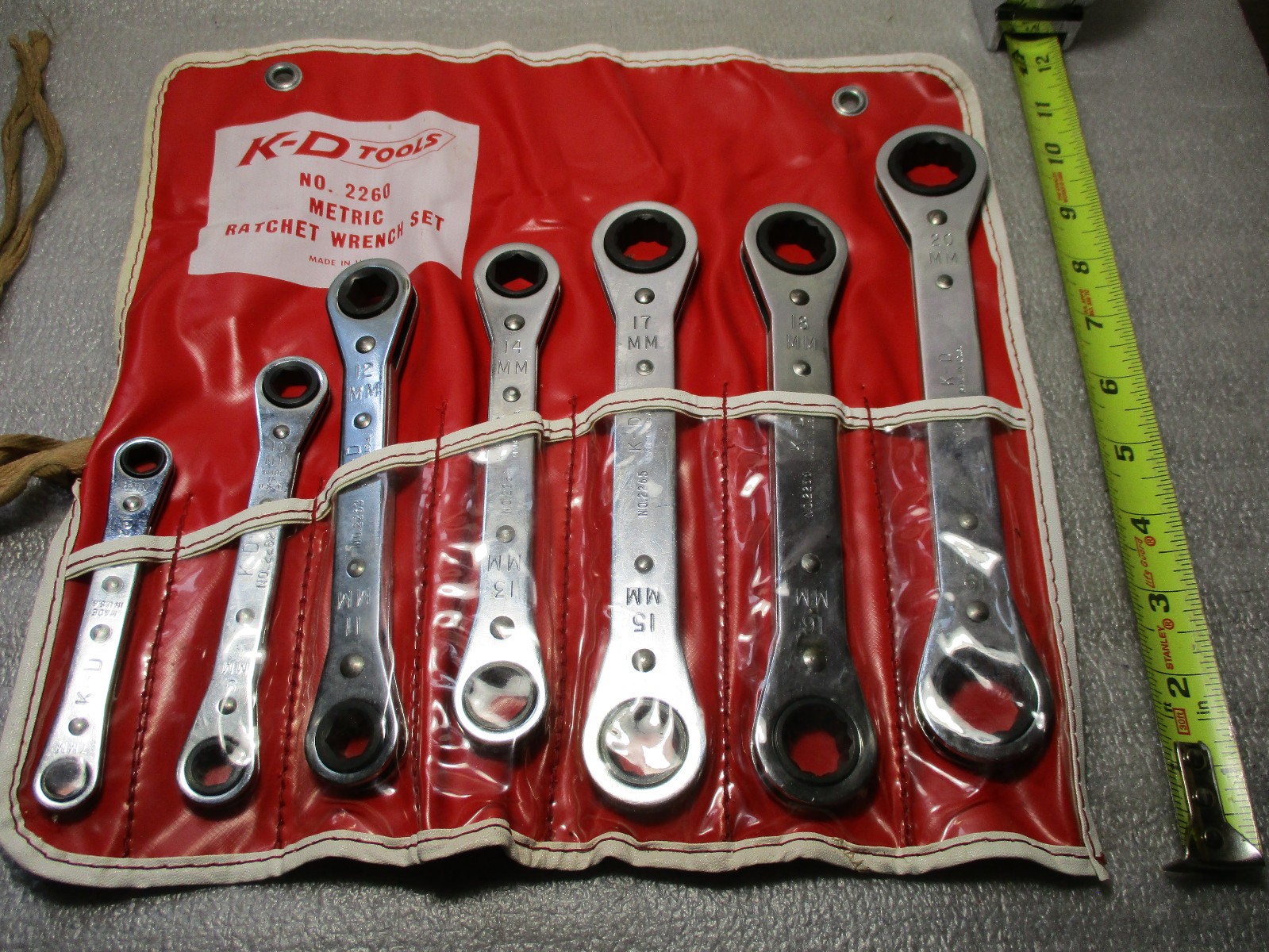 Vintage K-D Tools USA 7-Pc Metric Ratcheting Wrench Set (7mm–20mm) In Red Pouch