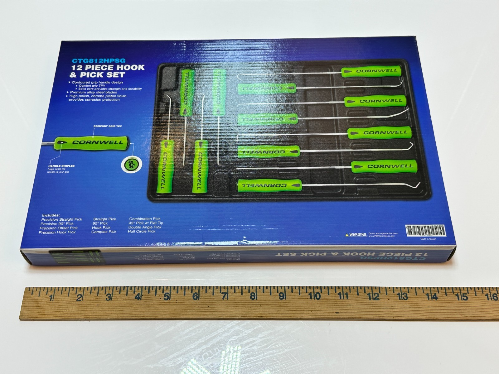 NEW Cornwell Tools CTG812HPSG 12pc Hook & Pick Set, NEON GREEN Soft Grip Handle