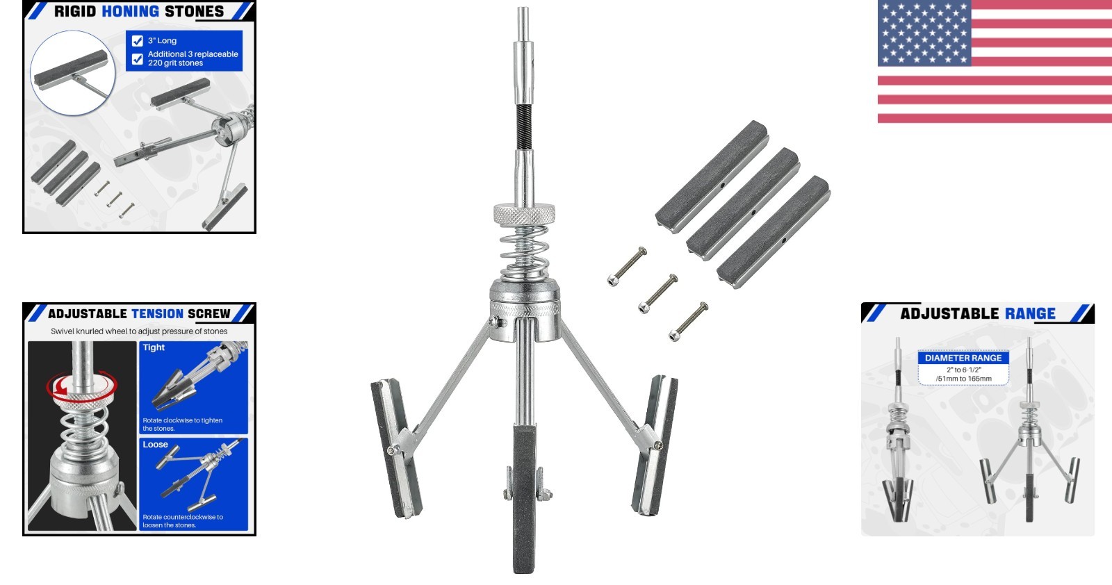Precision Engine Brake Cylinder Hone Tool 2″ to 6-1/2″ with 3 Stones 220 Grit