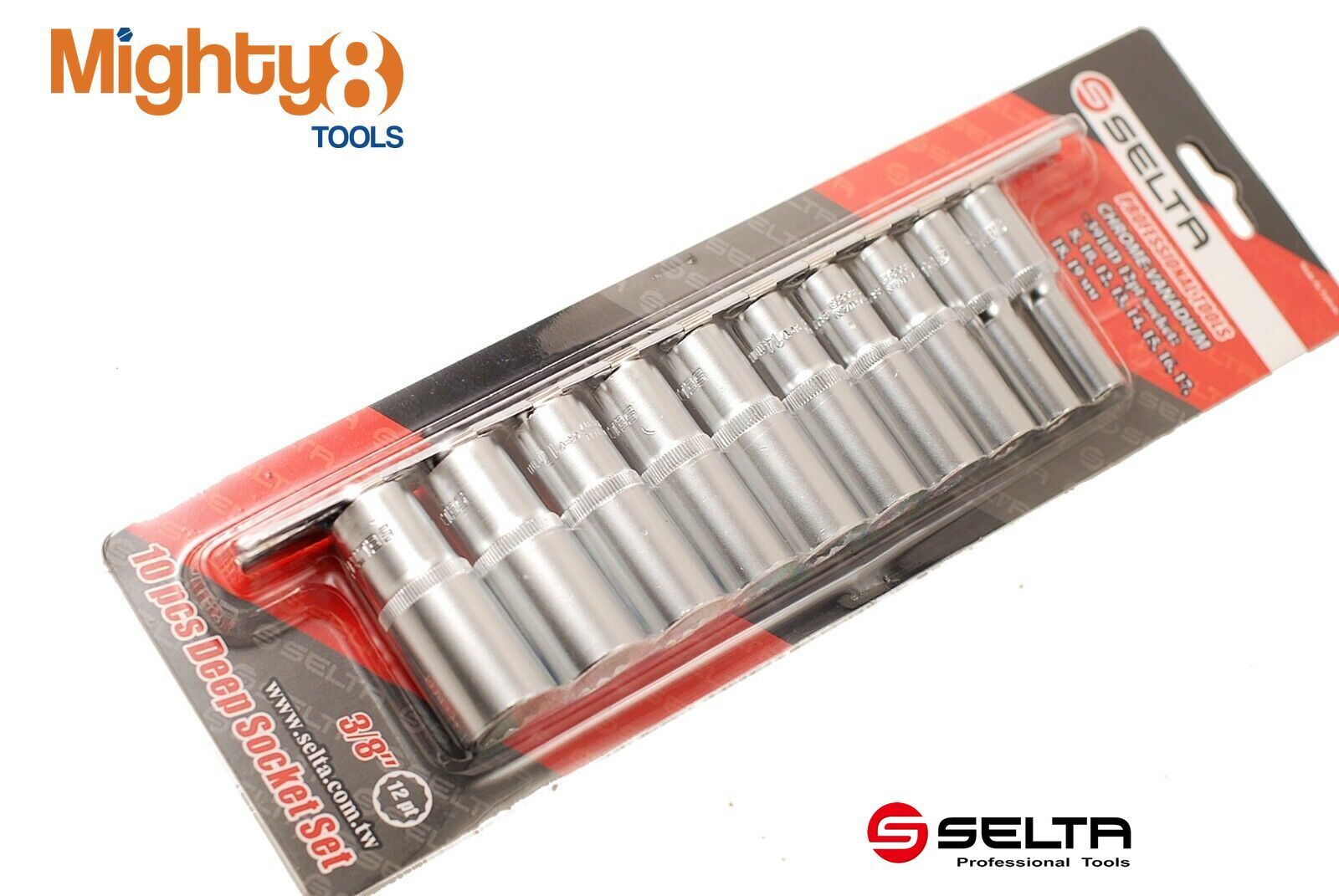 Selta Taiwan 10pc 3/8″ Dr 6pt Deep Socket Set: 8-10-12-13-14-15-16-17-18-19mm