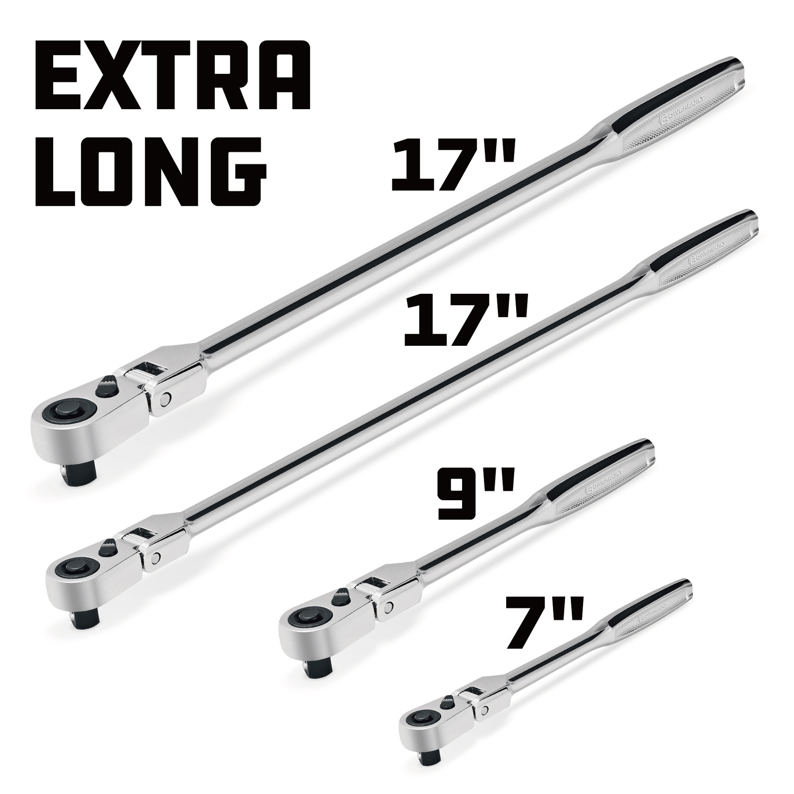 Powerbuilt 4 Piece 72 Tooth Pro Tech Long Reach Flex Head Ratchet Set with