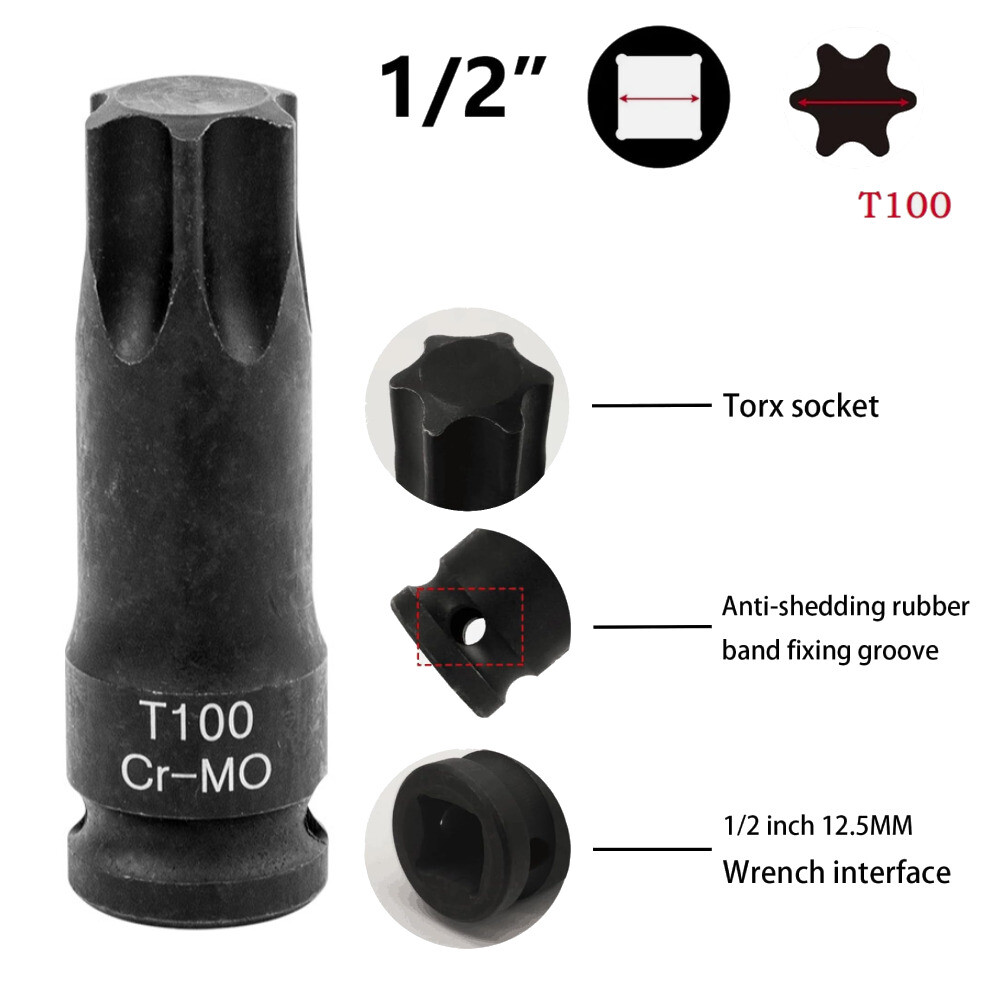 T100 Torx 6 Point Impact Bit Socket, 1/2-Inch Square Drive Screwdriver Adapter