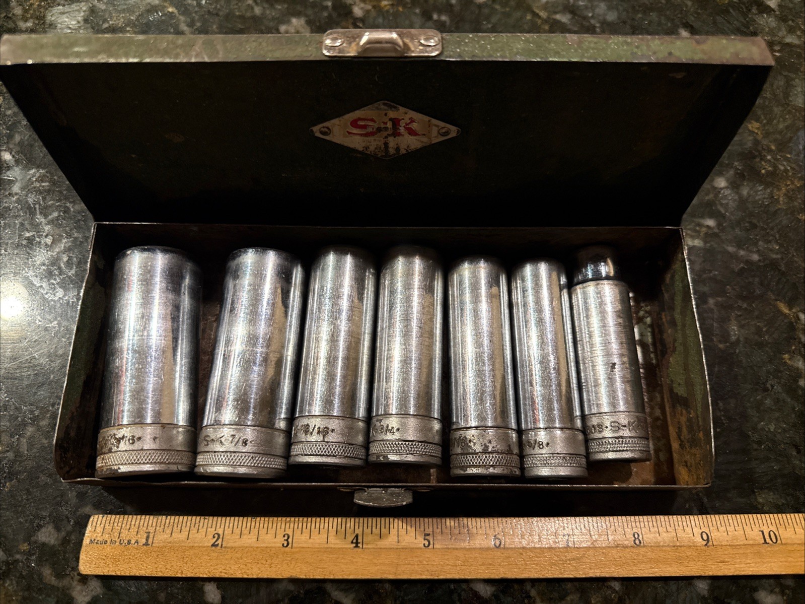 Vintage 7 Piece SK 1/2” Drive 12 Point Deep SAE Socket Set USA With Metal Case