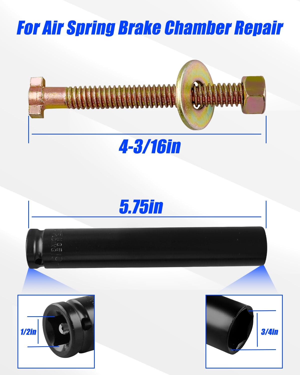 3/4 Inch Caging Bolt Socket Tool & 4 Brake Cage Bolts for Semi Trucks