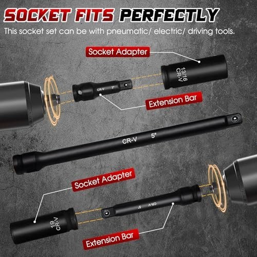 29-Piece 1/2″ Drive Impact Socket Set, Deep SAE & Metric Sockets with Extension