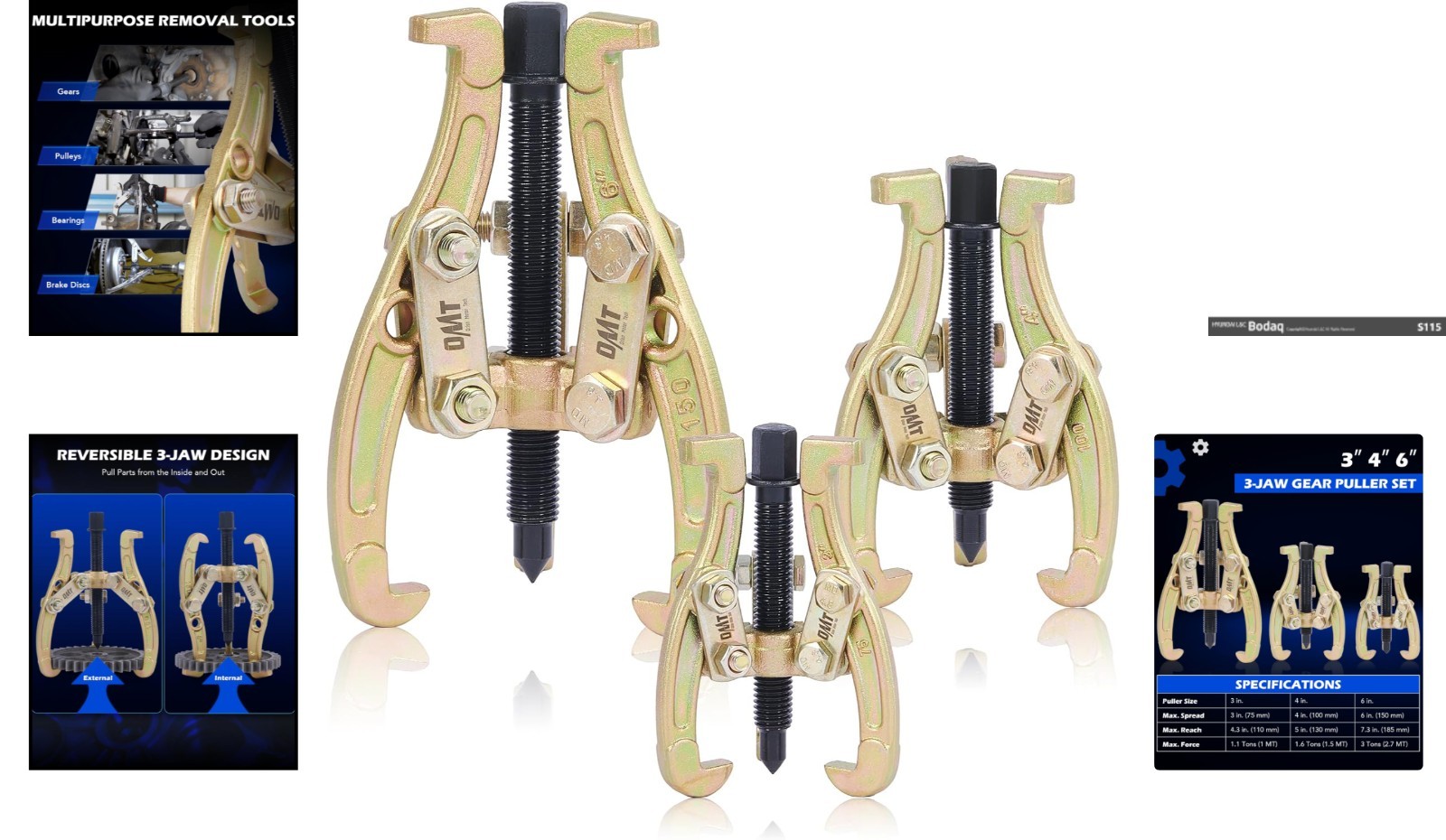 3-Piece Heavy-Duty Gear Puller Set – Reversible Jaws for Safe Component Removal