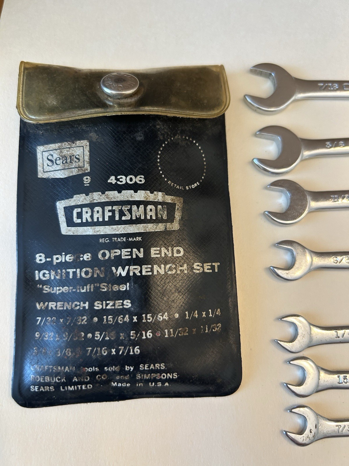 Vintage SEARS Craftsman -V- SAE Ign 8 pc Open End Wrench Set 9-4306 7 Original