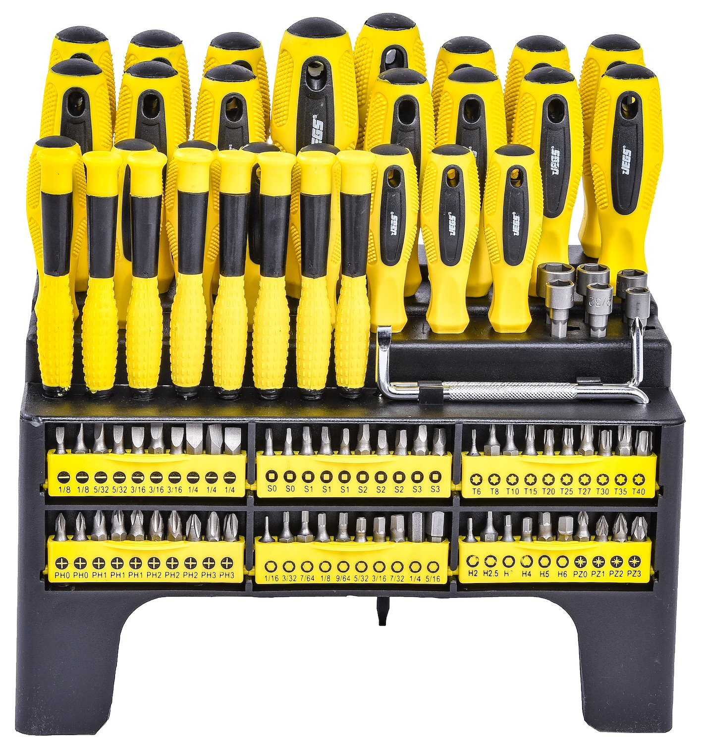 JEGS 100 Piece Screwdriver & Bit Set with Storage Rack 81384