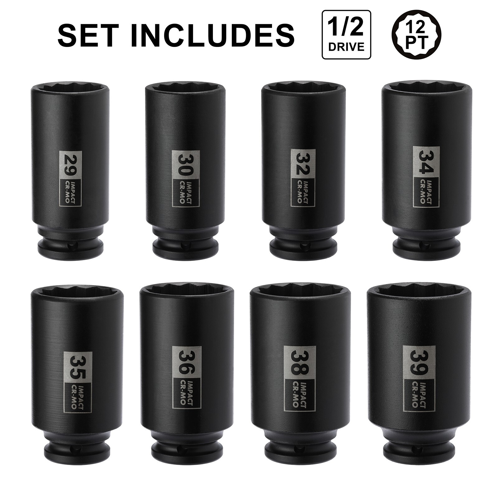 1/2″ Drive Deep Impact Socket Set, CR-MO, 8 Piece 12 Point Metric , 29mm-39mm