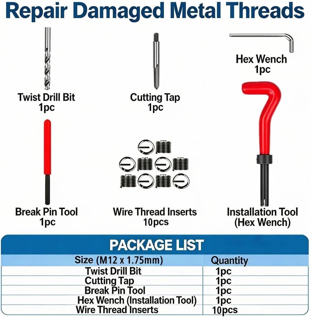 M12 X 1.75 Thread Repair Kit, Metric Helicoil Kit with HSS Drill Bit, 10PC Wi…